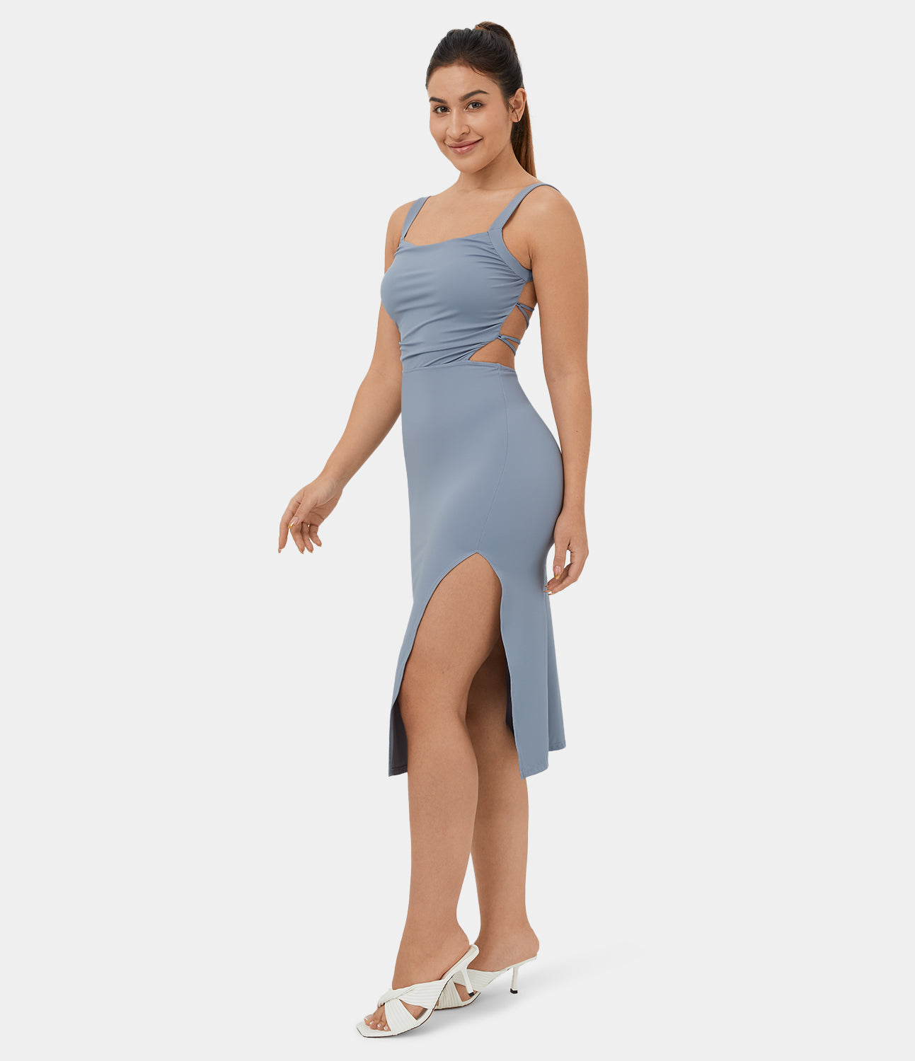 

Halara Ruched Backless Crisscross Lace Up Split Bodycon Midi Casual Dress Casual Dress - Mood Indigo -  slip dress beach dress ruched dress