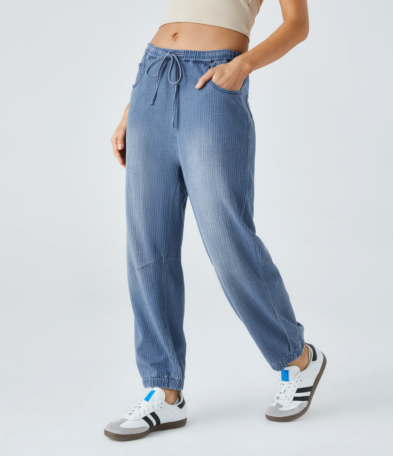 

Halara Halaramagicв„ў Mid Rise Drawstring Multiple Pockets Washed Stretchy Knit Casual Jeans - Secluded Valley Denim