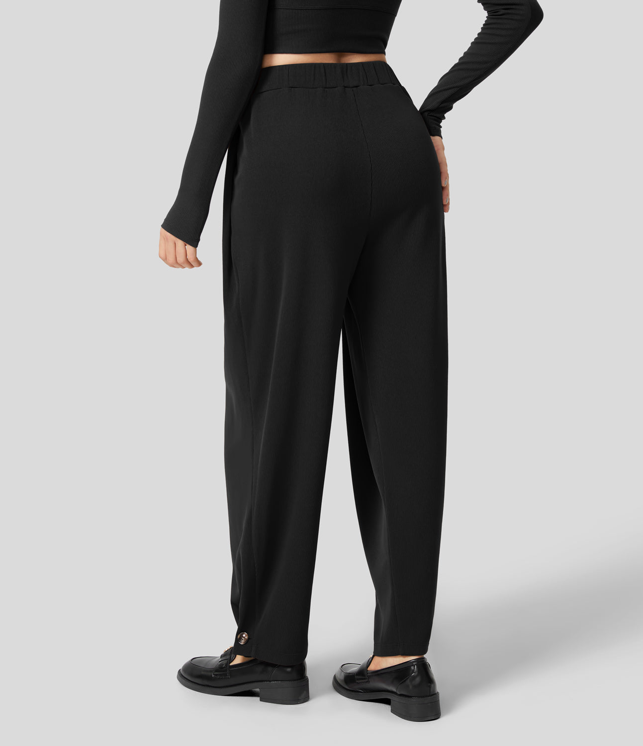 

Halara Ribbed High Waisted Side Pocket Adjustable Button Hem Casual Pants - Black -  sweatpants jogger pants stacked sweatpants