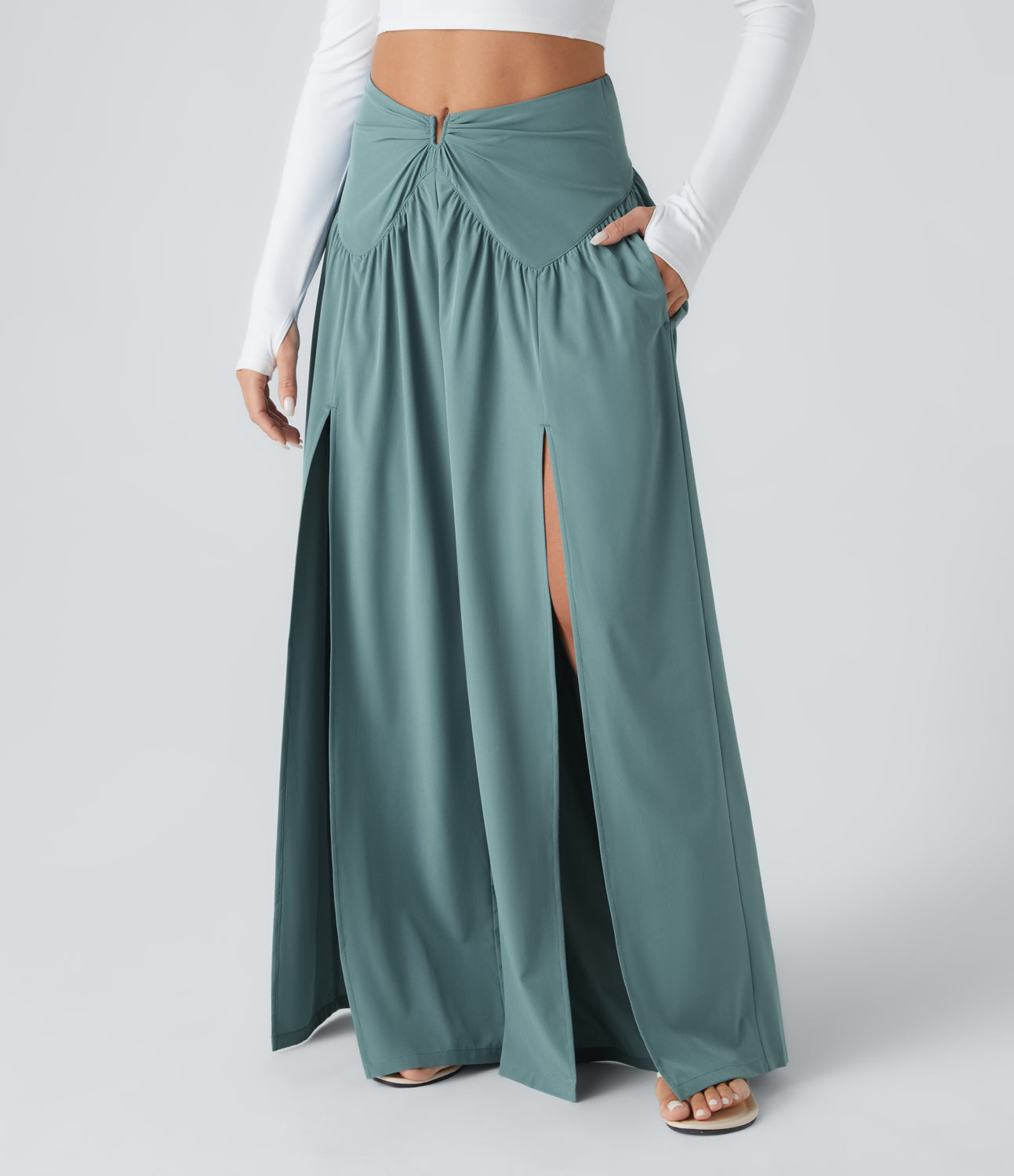 

Halara Breezefulв„ў High Waisted Side Pocket Plicated Split Palazzo Flowy Wide Leg Quick Dry Yoga Pants - Stone Blue