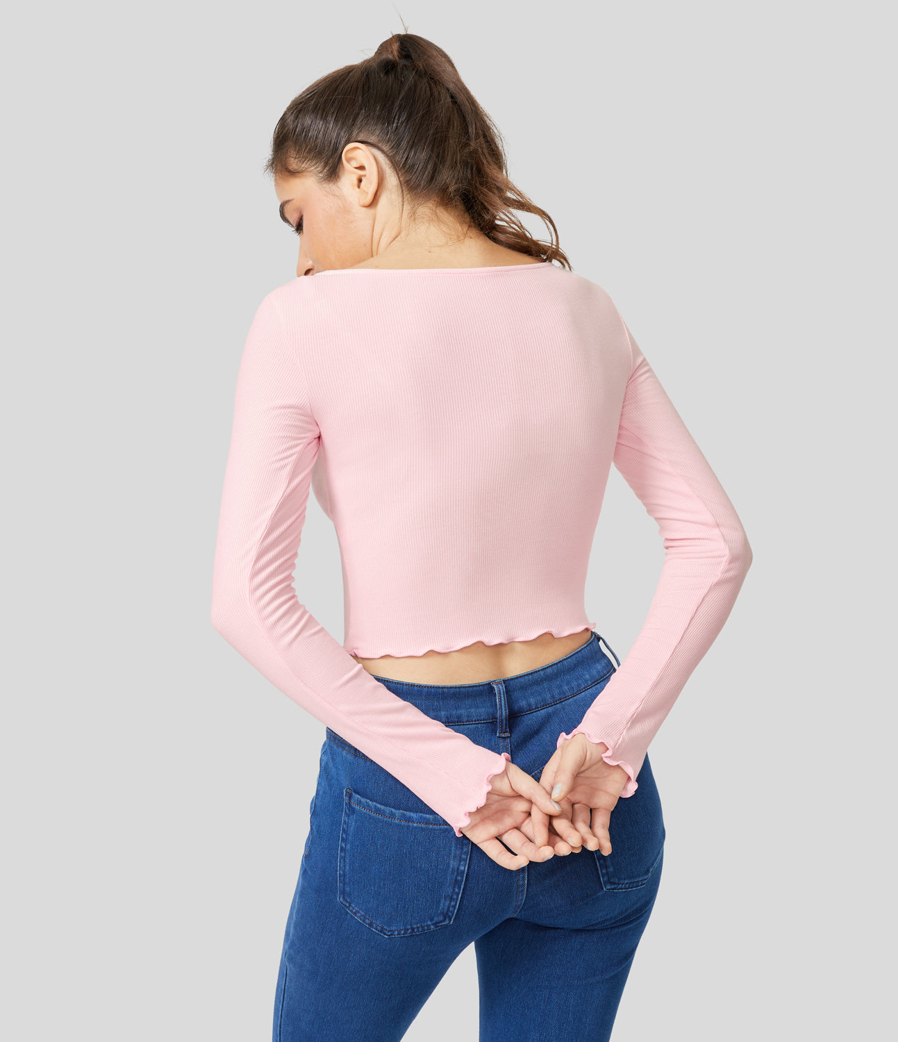 

Halara Ribbed Knit Frill Ruched Long Sleeve Cropped Casual Sports Top - Rose Haze Pink