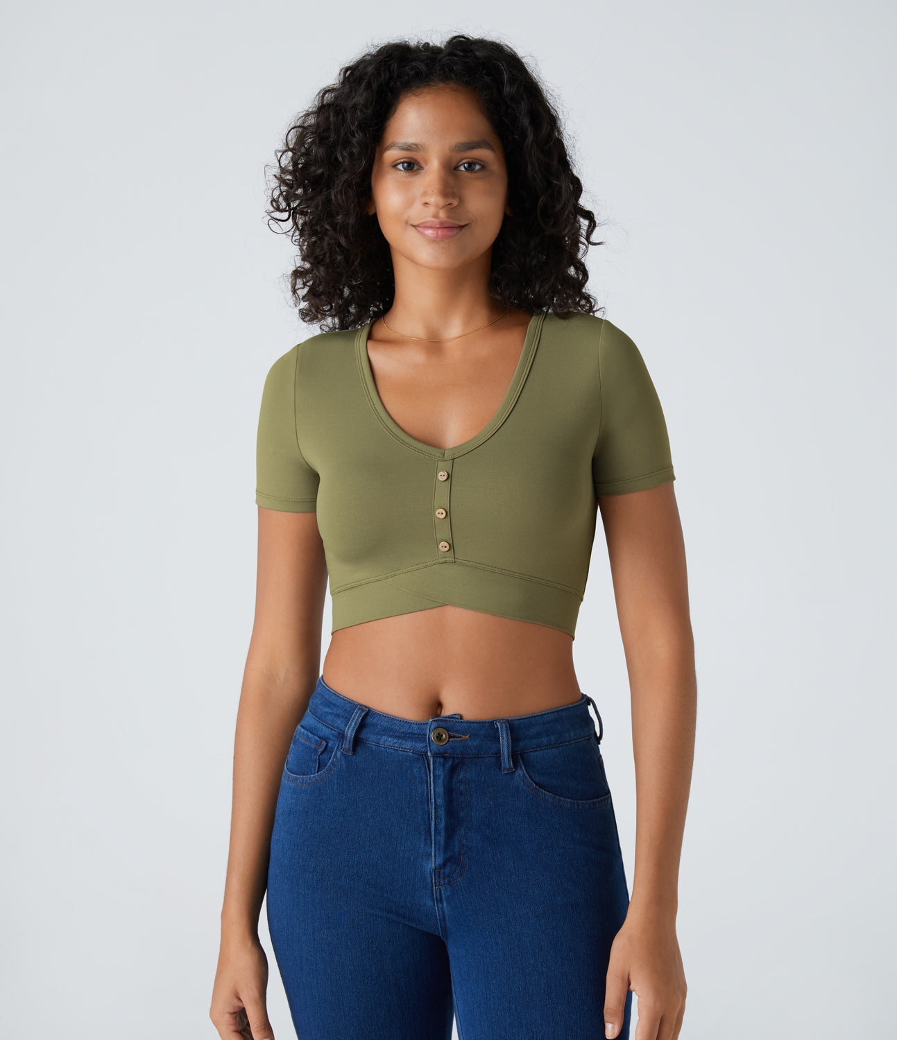 

Halara V Neck Decorative Button Crossover Hem Skinny Cropped Casual Top Tank Top - Capulet Olive -  golf tops halter top tunic tops