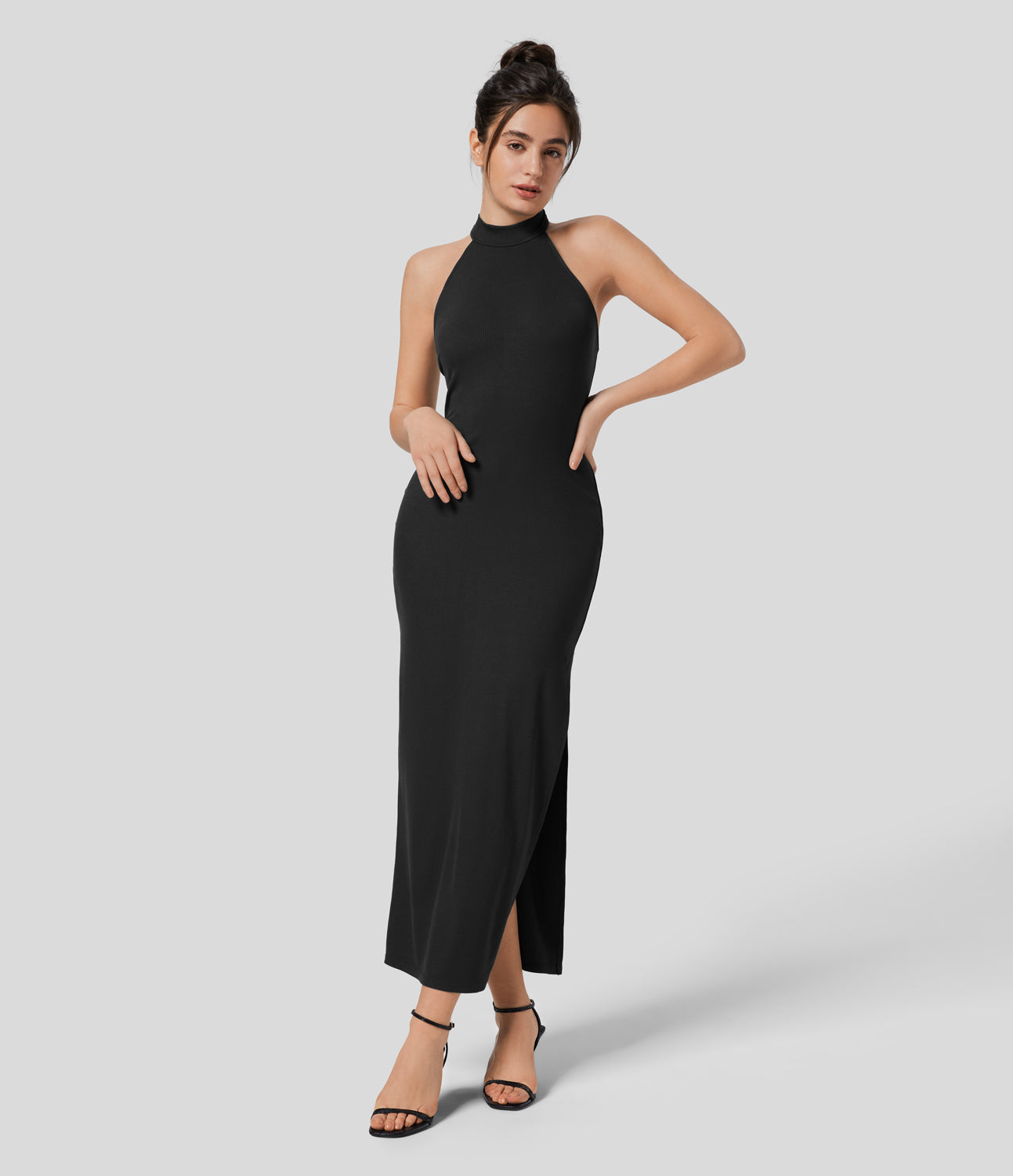 

Halara Ribbed Stand Collar Sleeveless Split Hem Bodycon Midi Casual Dress Casual Dress - Black -  slip dress beach dress ruched dress