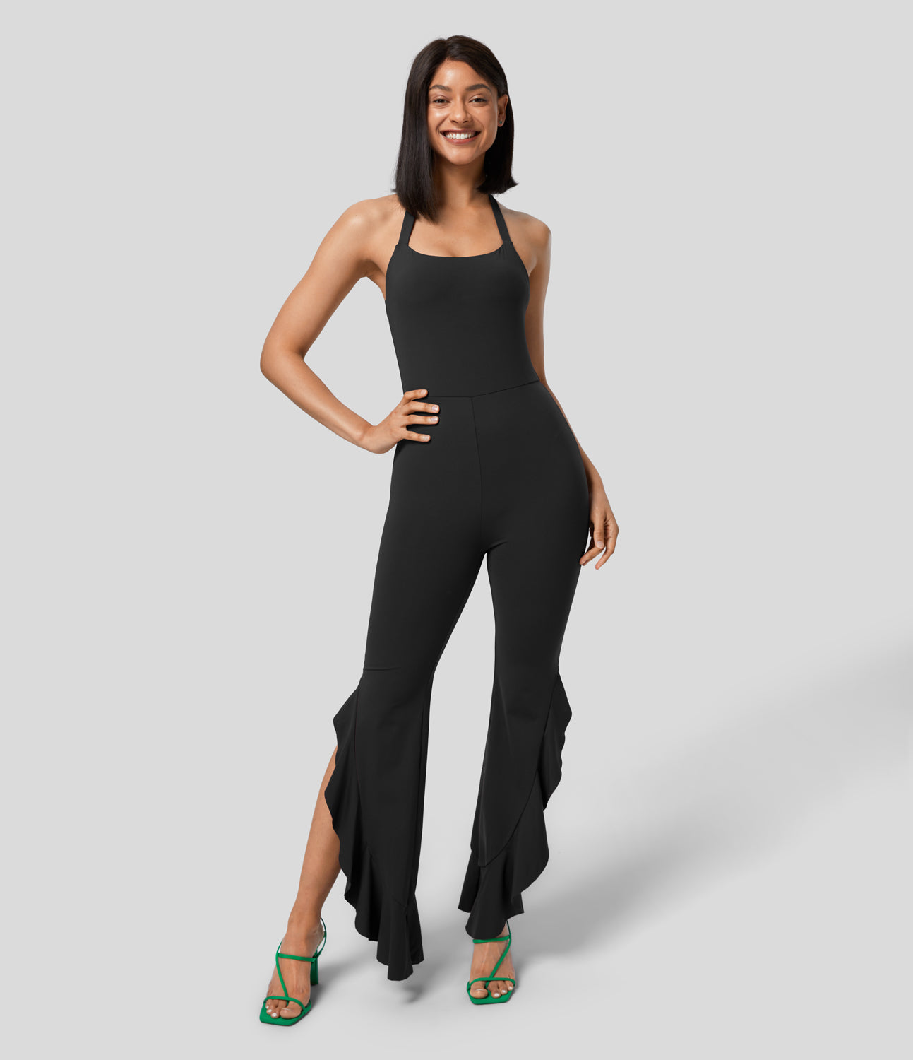 

Halara Backless Halter G-Hook Ruched Asymmetric Ruffle Skinny Casual Jumpsuit - Black