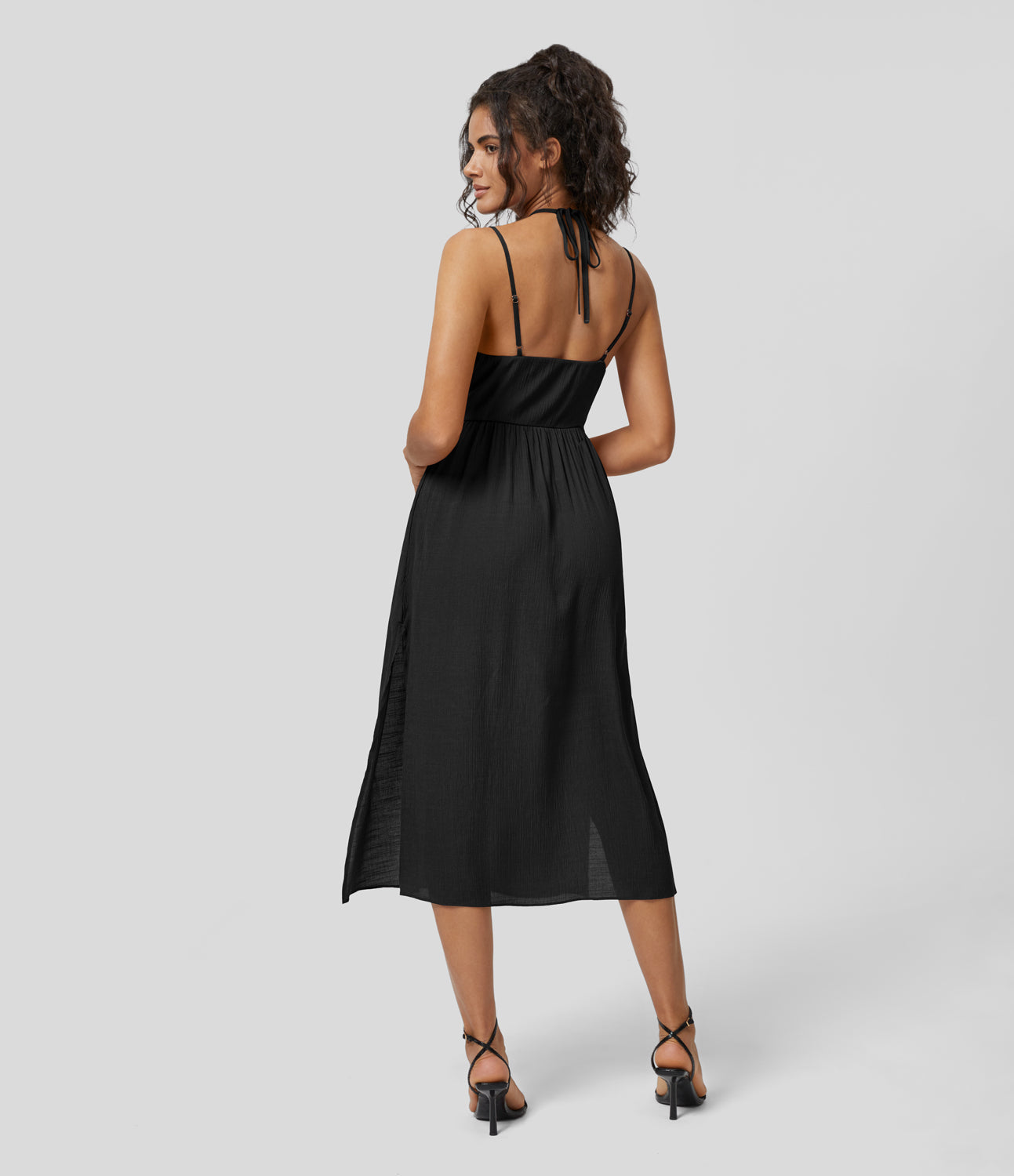 

Halara Halter Twisted Cut Out Backless Split Hem Flowy Midi Casual Dress Casual Dress - Black -  slip dress beach dress ruched dress