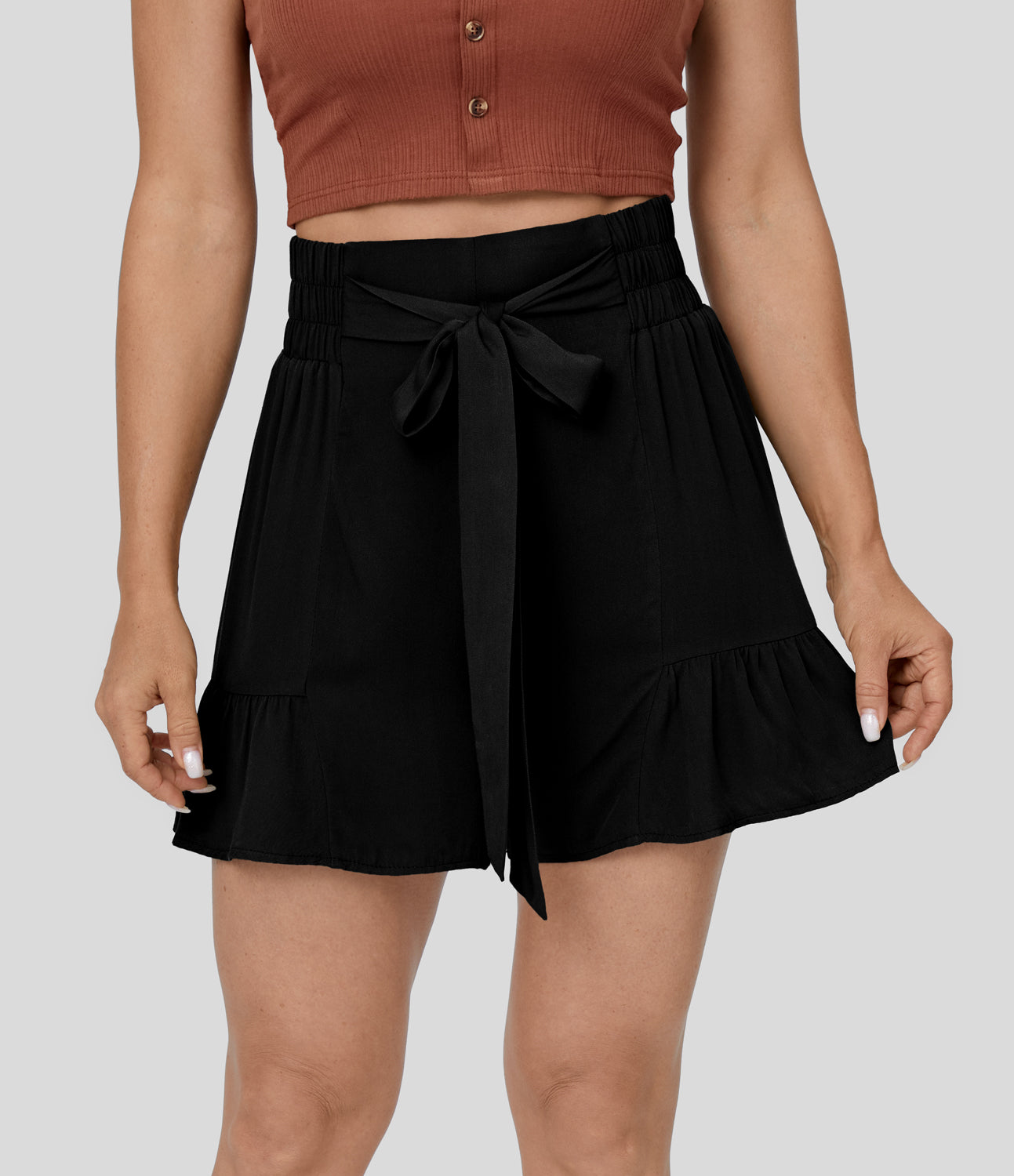 

Halara High Waisted Shirred Tie Front Plicated Ruffle Hem Flowy Casual Shorts - Pine Forest Green