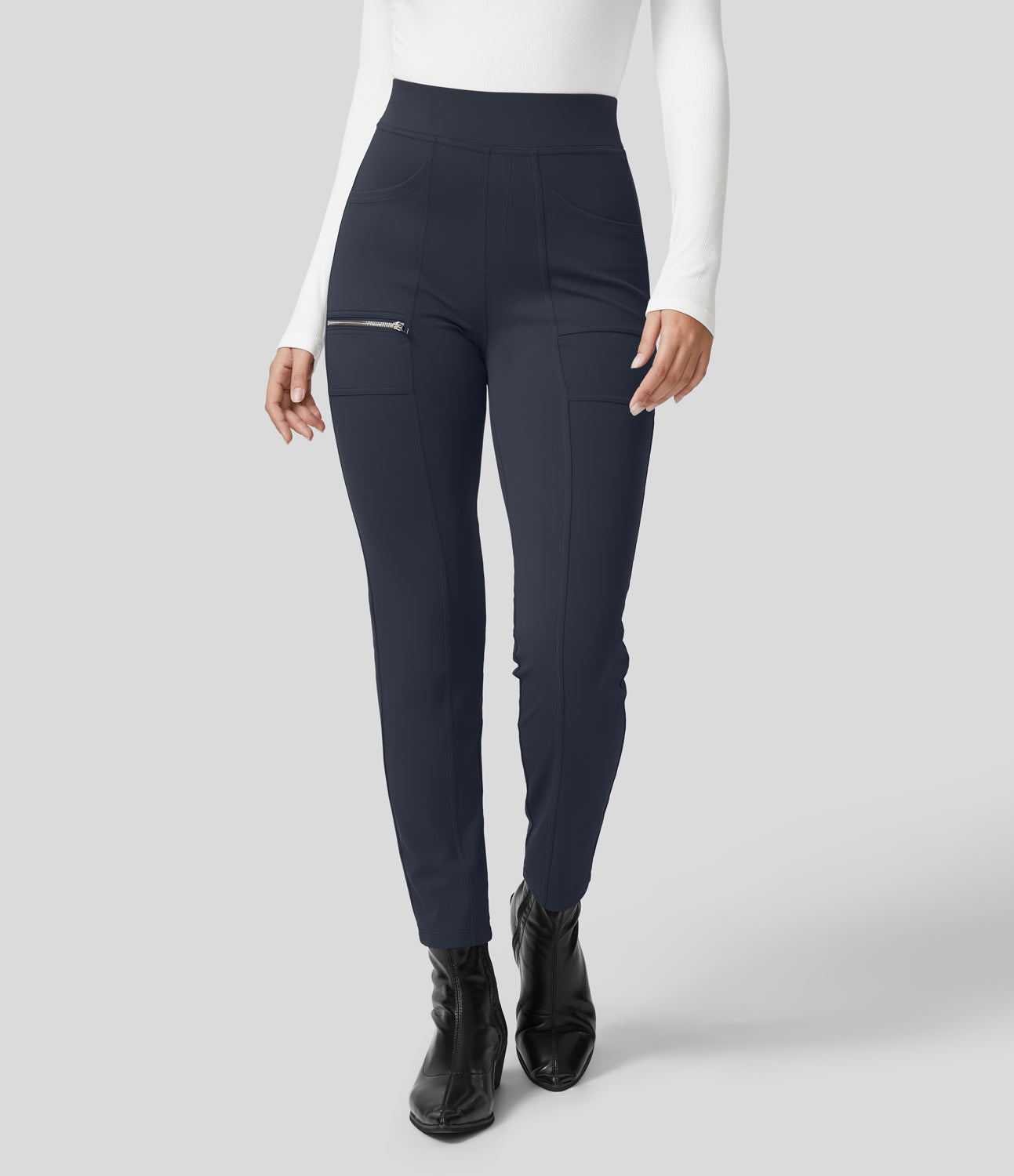 

Halara High Waisted Multiple Pockets Zipper Casual Slim Pants - Midnight Blue -  sweatpants jogger pants stacked sweatpants