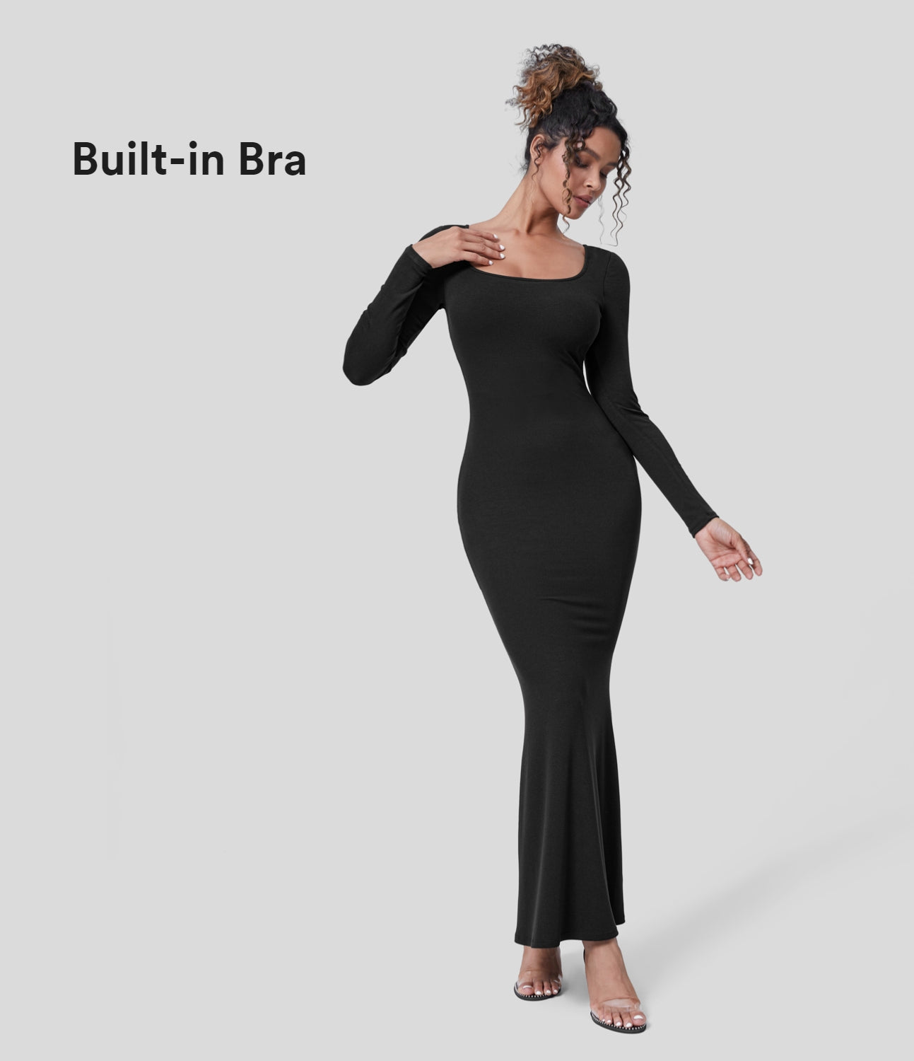 

Halara Ribbed U Neck Long Sleeve Bodycon Maxi Party Dress Casual Dress - Black -  slip dress beach dress ruched dress halter dress