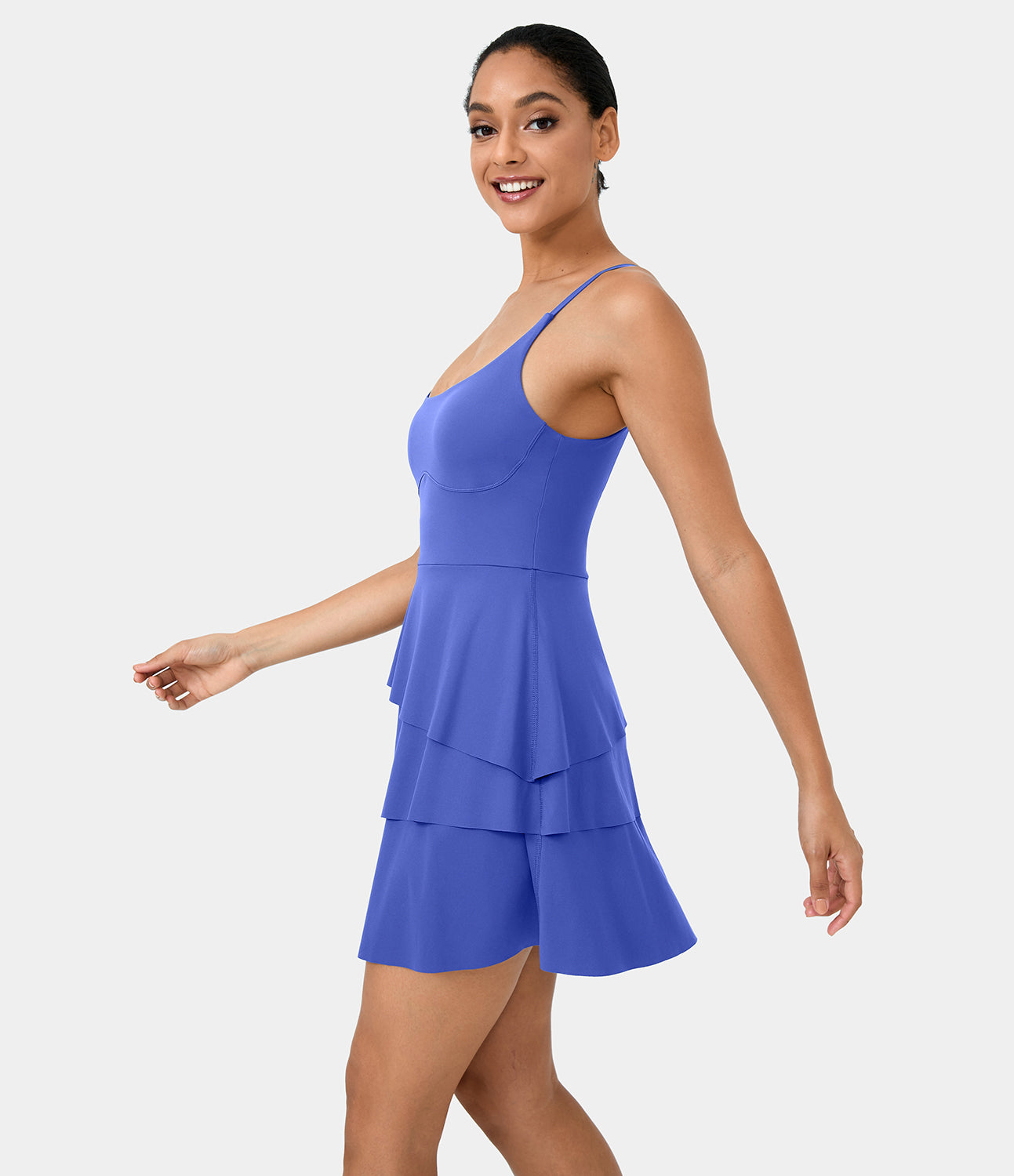 

Halara Softlyzeroв„ў Airy Backless Tiered Ruffle 2-in-1 Pocket Cool Touch Mini Slip Dance Active Dress-UPF50+ Workout Dress - Aster Blue