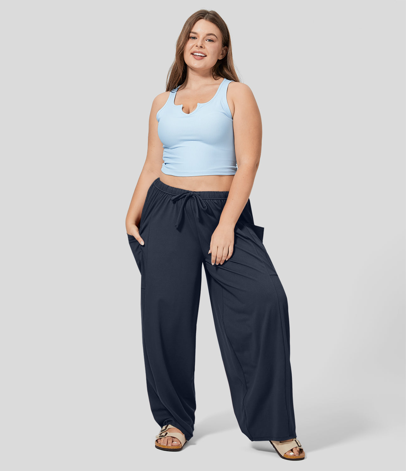 

Halara Mid Rise Elastic Waistband Drawstring Side Pocket Palazzo Flowy Wide Leg Casual Plus Size Pants - Dark Sapphire