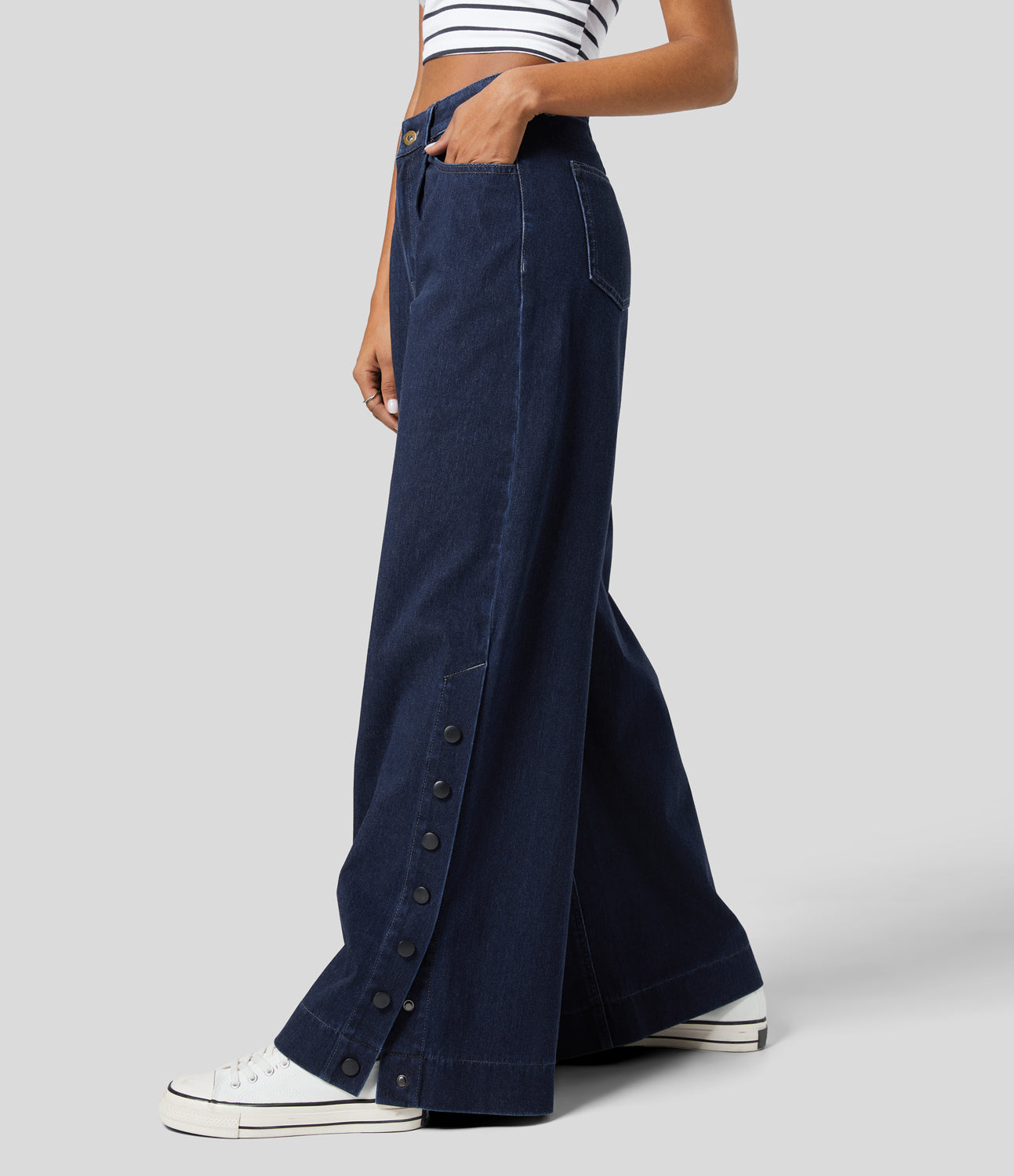 

Halara HalaraMagicв„ў High Waisted Button Zipper Plicated Multiple Pockets Split Stretchy Knit Casual Wide Leg Full Length Jeans - Deep Blue Water Denim