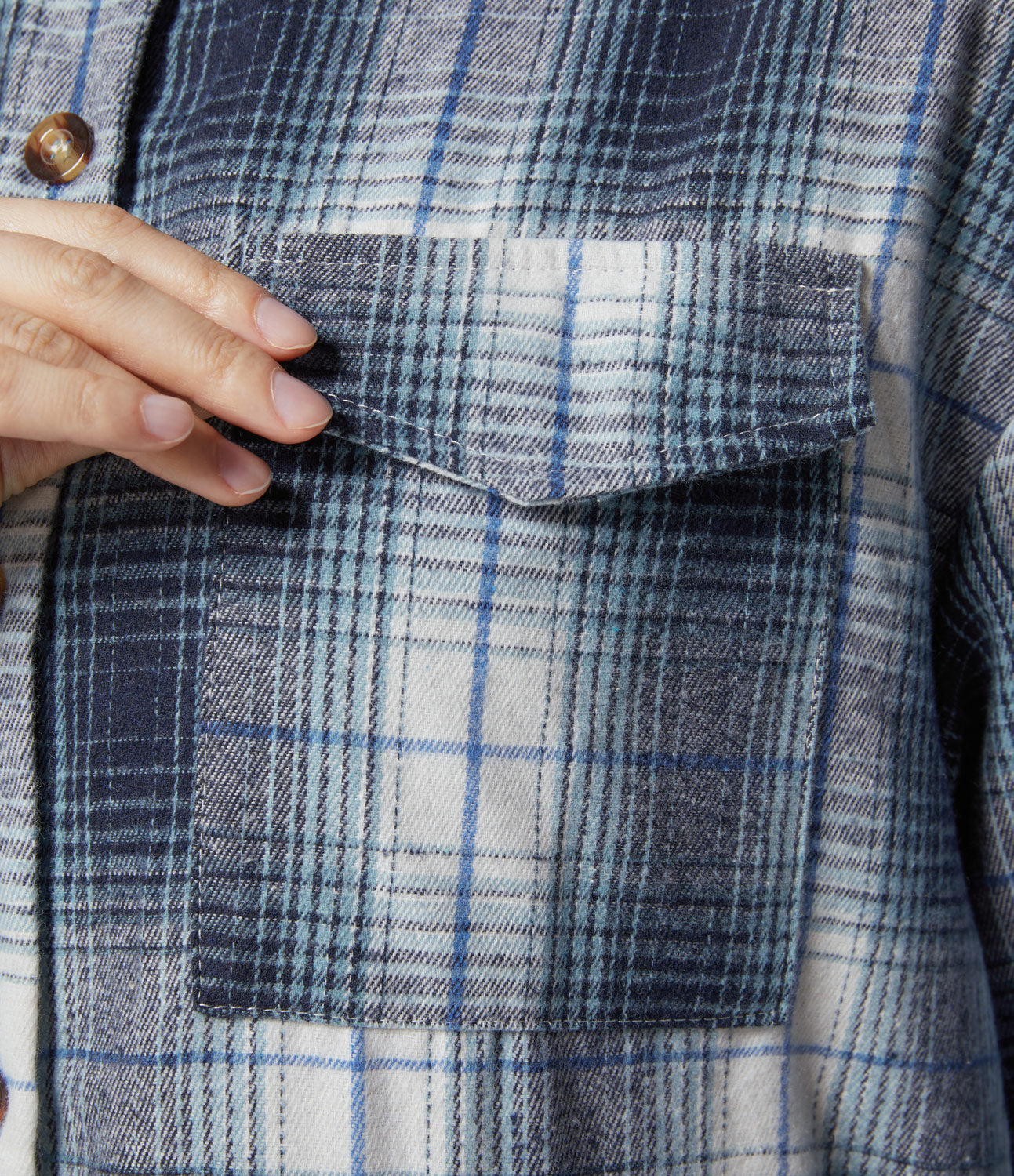 

Halara Collared Flap Pocket Button Front Curved Hem Plaid Casual Shirt - Blue Grey Plaid