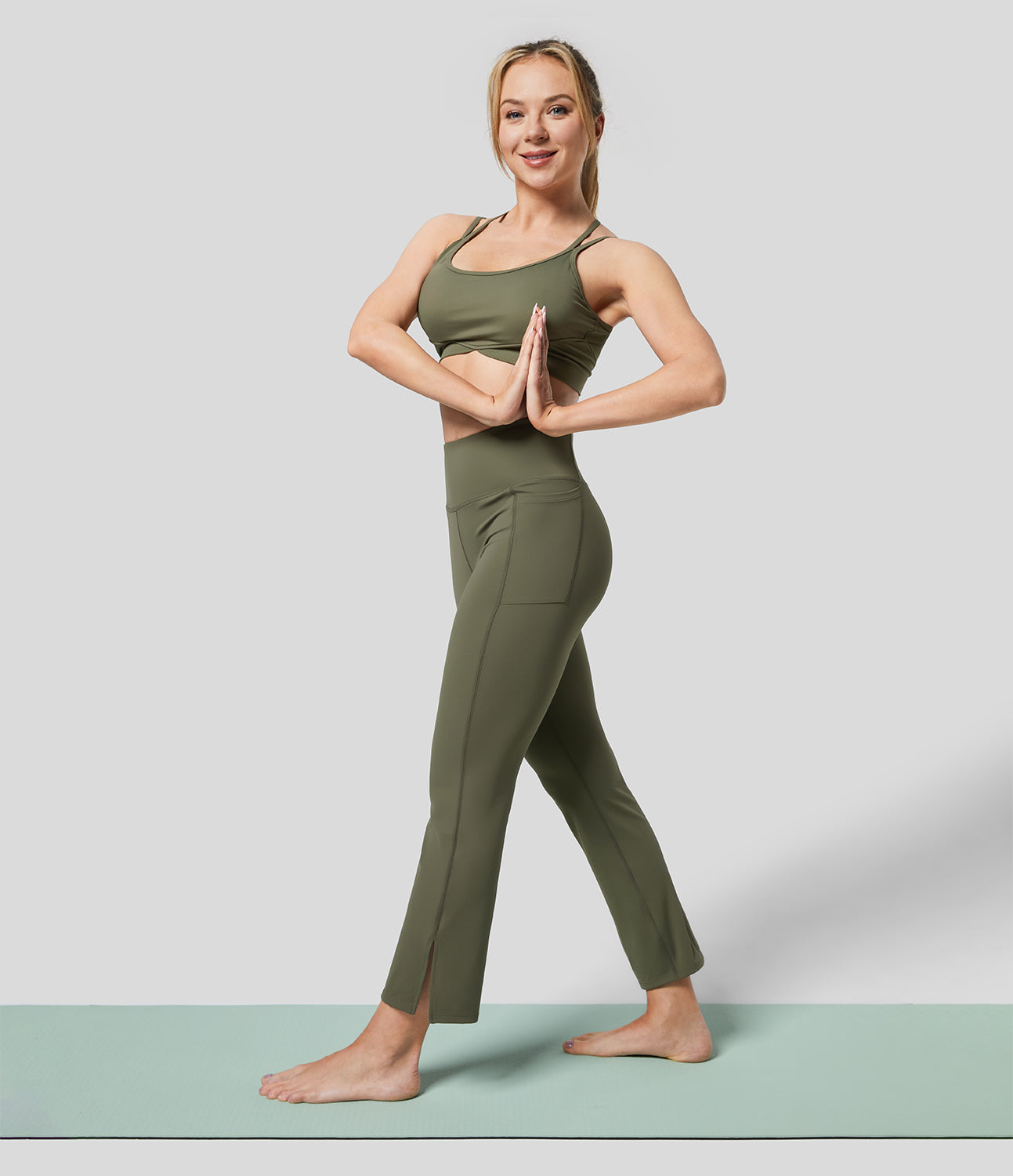 

Halara Softlyzeroв„ў Plush High Waisted Side Pocket Split Hem Ankle Length Yoga Pants-UPF50+ - Grass Grey Green