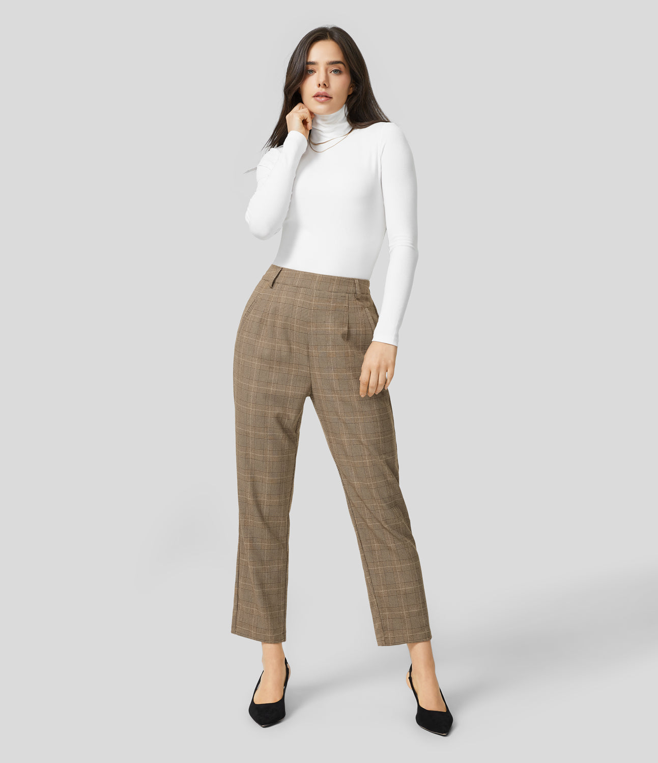 

Halara High Waisted Invisible Zipper Side Pocket Straight Leg Houndstooth Work Suit Pants - Black And White Houndstooth