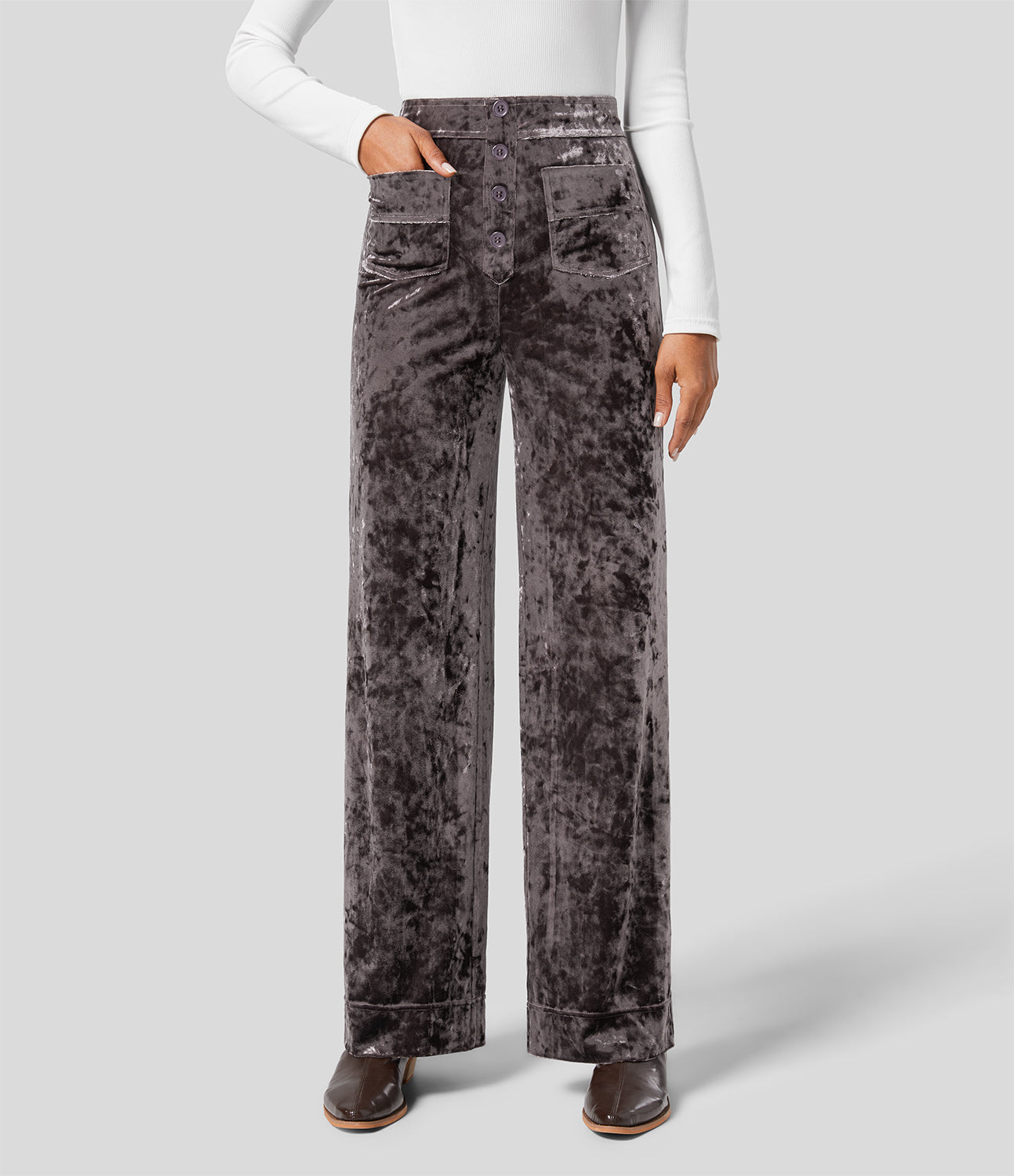 

Halara High Waisted Button Multiple Pockets Straight Leg Velvet Casual Pants - Plum Truffle -  sweatpants jogger pants
