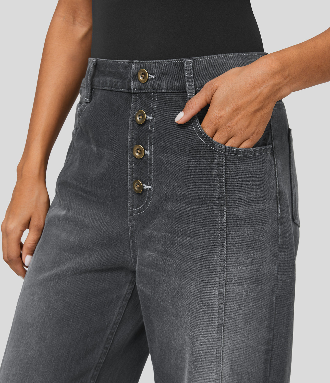 

Halara HalaraMagicв„ў High Waisted Decorative Button Multiple Pockets Straight Leg Washed Stretchy Knit Casual Boyfriend Jeans - Bright gray denim