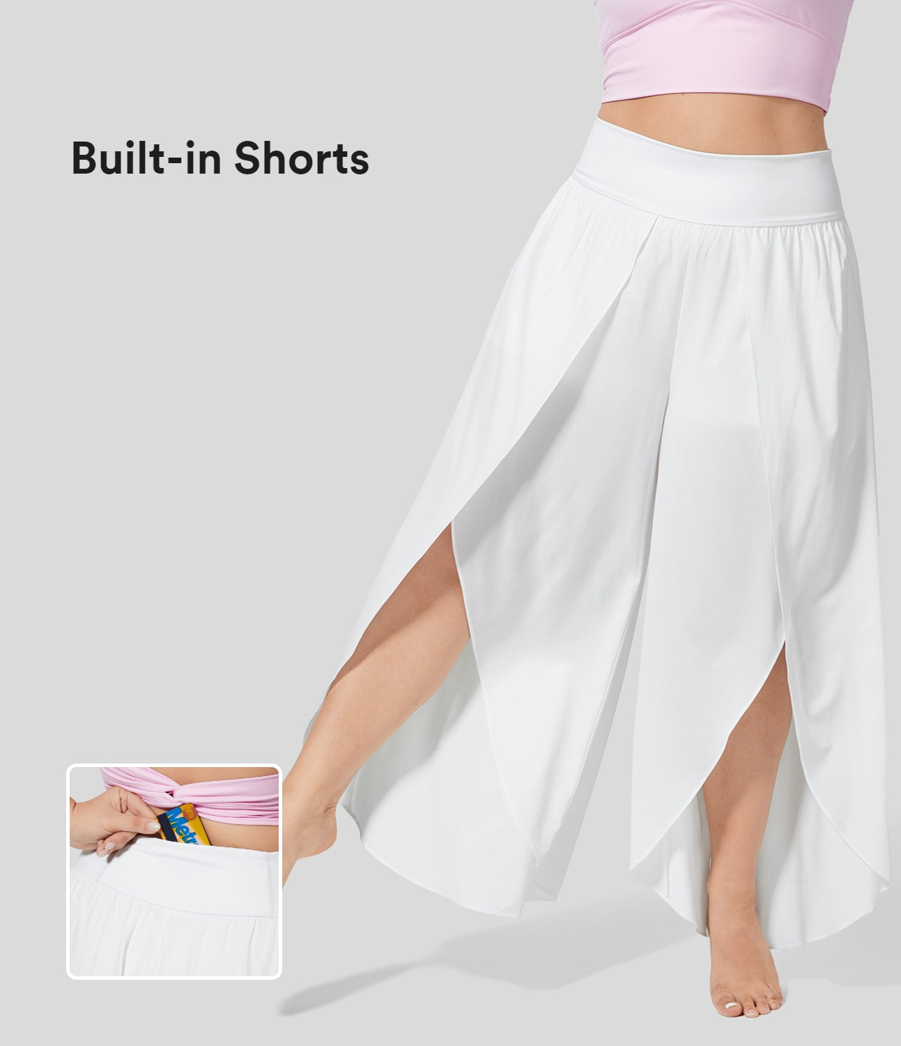 

Halara Breezefulв„ў High Waisted Back Waistband Pocket Palazzo Flowy Split Wide Leg 2-in-1 Quick Dry Casual Plus Size Pants - White