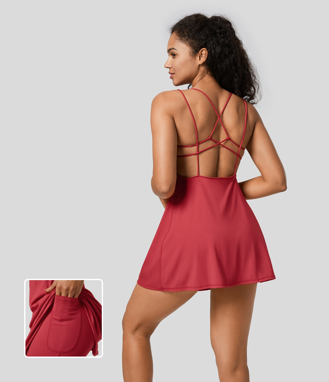 

Halara Backless Crisscross 2-in-1 Side Pocket Flare Mini Slip Yoga Active Dress Workout Dress - Salsa