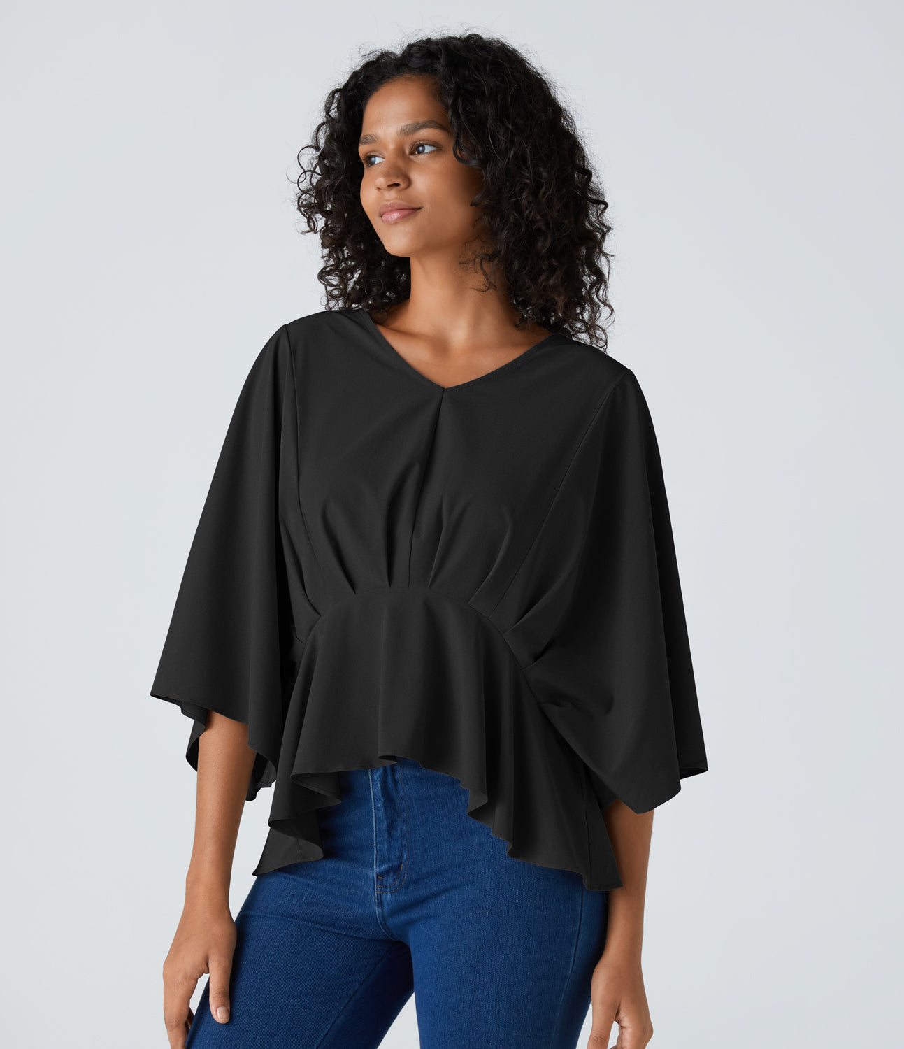 

Halara Breezefulв„ў V Neck Batwing Sleeve Plicated Ruffle Hem Quick Dry Casual Peplum Top Tank Top - Black -  golf tops halter top tunic tops