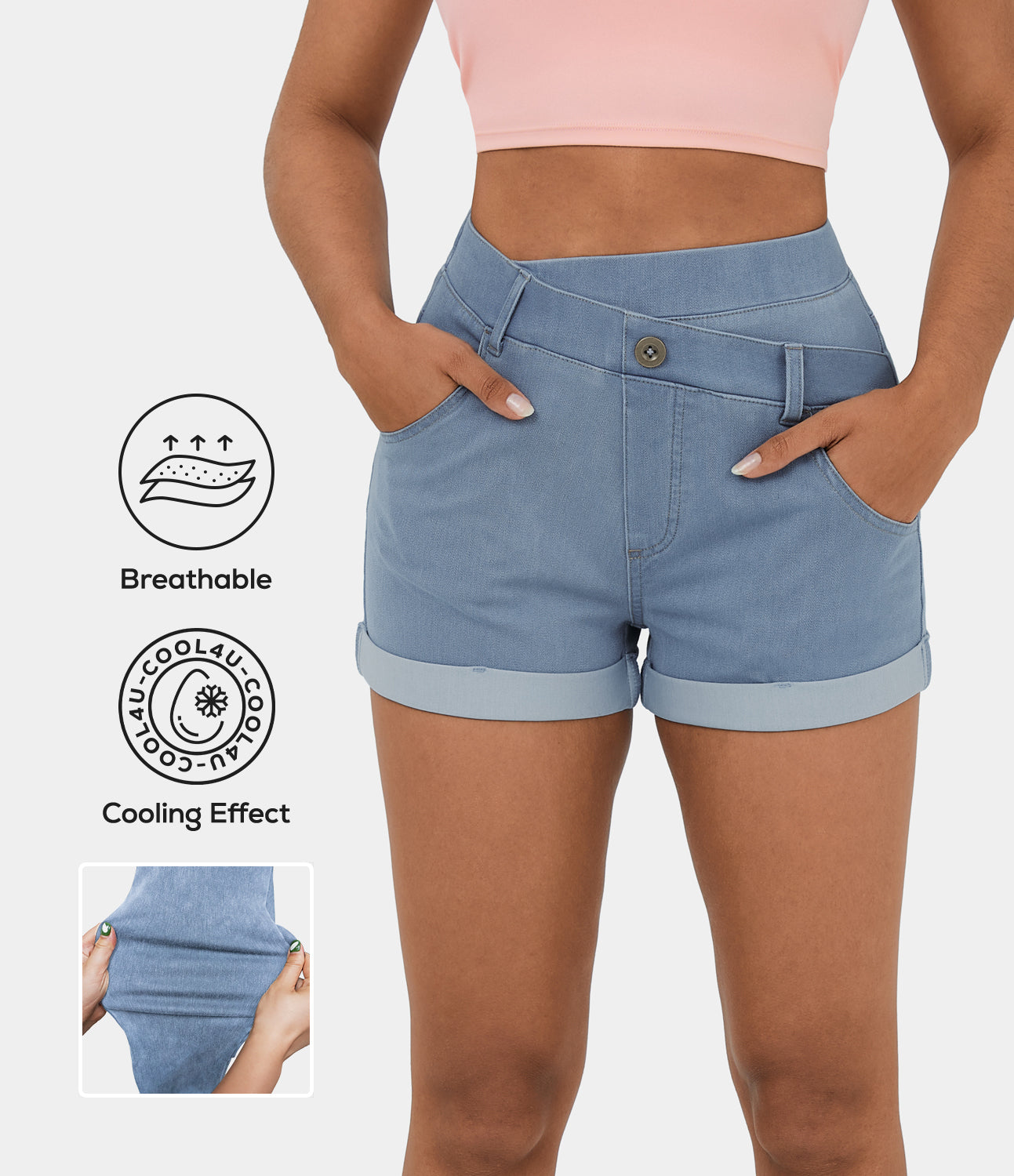 

Halara HalaraMagicв„ў High Waisted Crossover Button Multiple Pockets Rolled Hem Cool Touch Breathable Washed Stretchy Knit Denim Casual Shorts - Denim Light Blue
