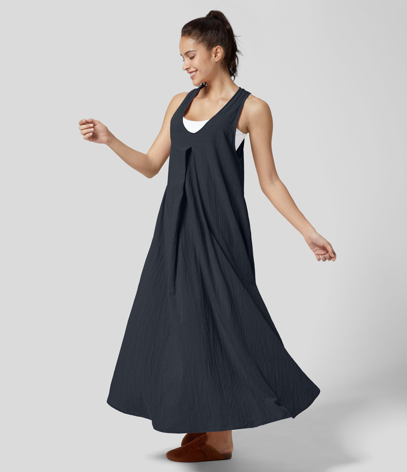 

Halara U Neck Sleeveless Plicated Side Pocket Flowy Maxi Casual Linen-Feel Dress Casual Dress - Total Eclipse -  slip dress beach dress