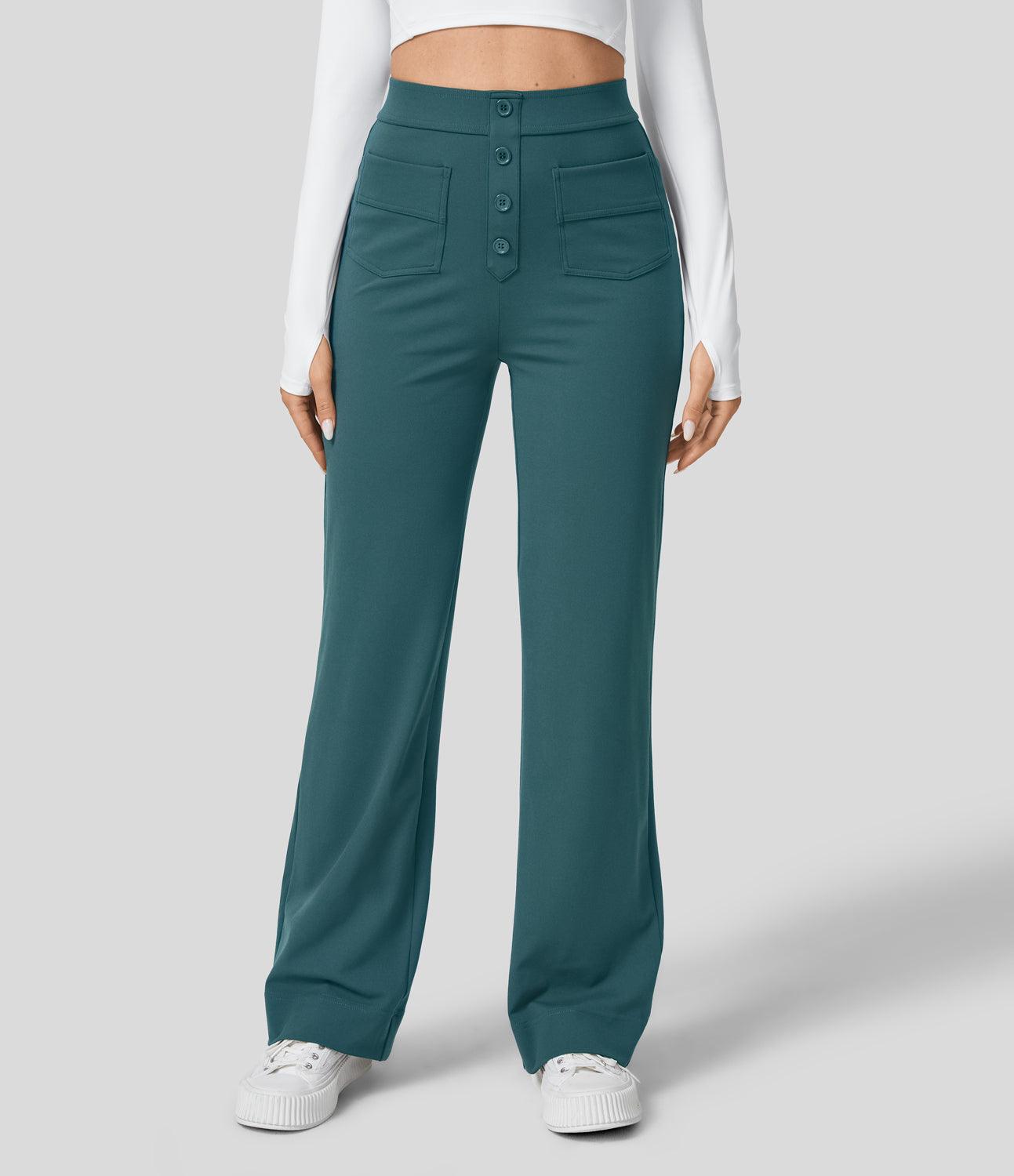 

Halara High Waisted Button Multiple Pockets Straight Leg Casual Pants - Atlantic Deep -  sweatpants jogger pants