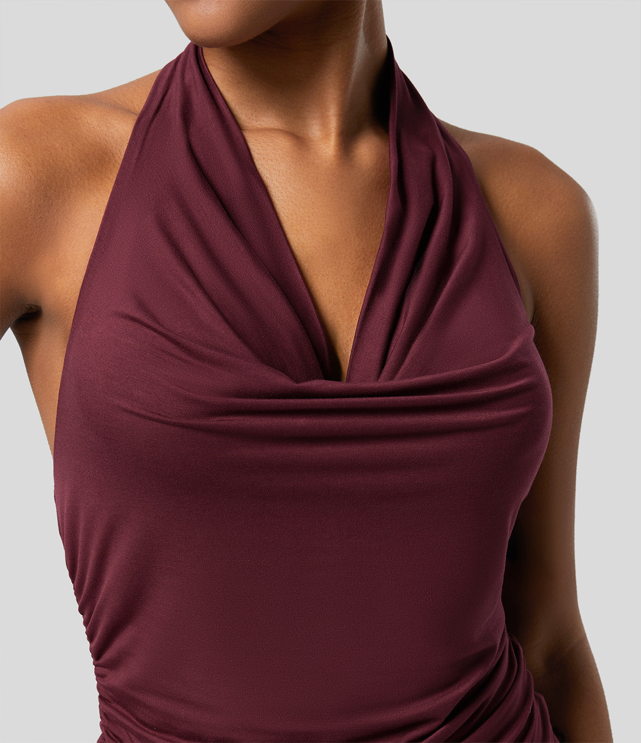 

Halara Halter Cowl Neck Backless Ruched Casual Tank Top Tank Top - Flamewood Brown -  golf tops halter top tunic tops sleeveless tops