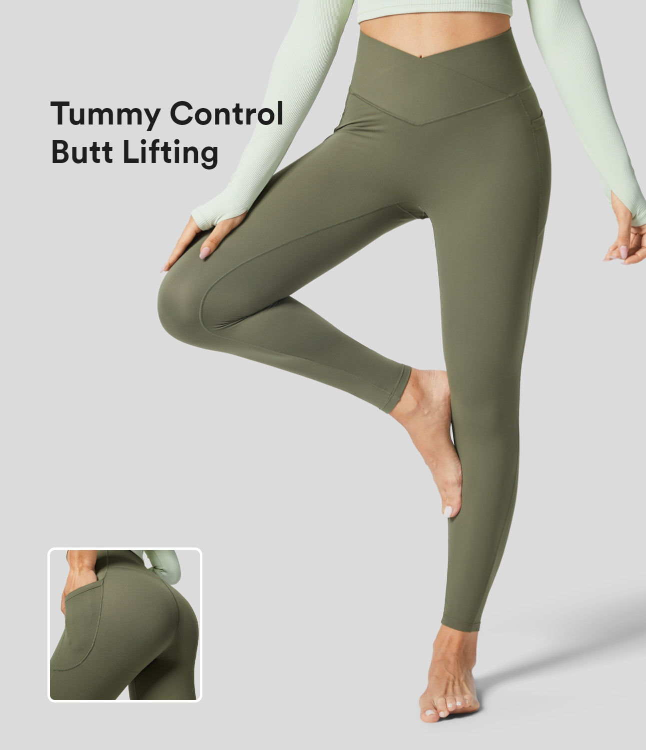 

Halara UltraSculptв„ў High Waisted Crossover Tummy Control Butt Lifting Side Pocket Yoga 7/8 Leggings - Grass Grey Green -  gym leggings