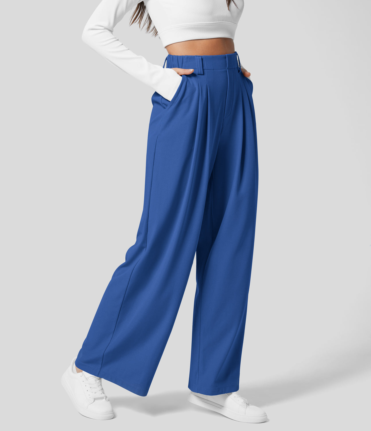 25% Discount! Halara High Waisted Plicated Side Pocket Wide Leg Waffle  Casual Pants - Deep Sapphire Blue - XL(regular) sweatpants jogger pants  Halara. Global