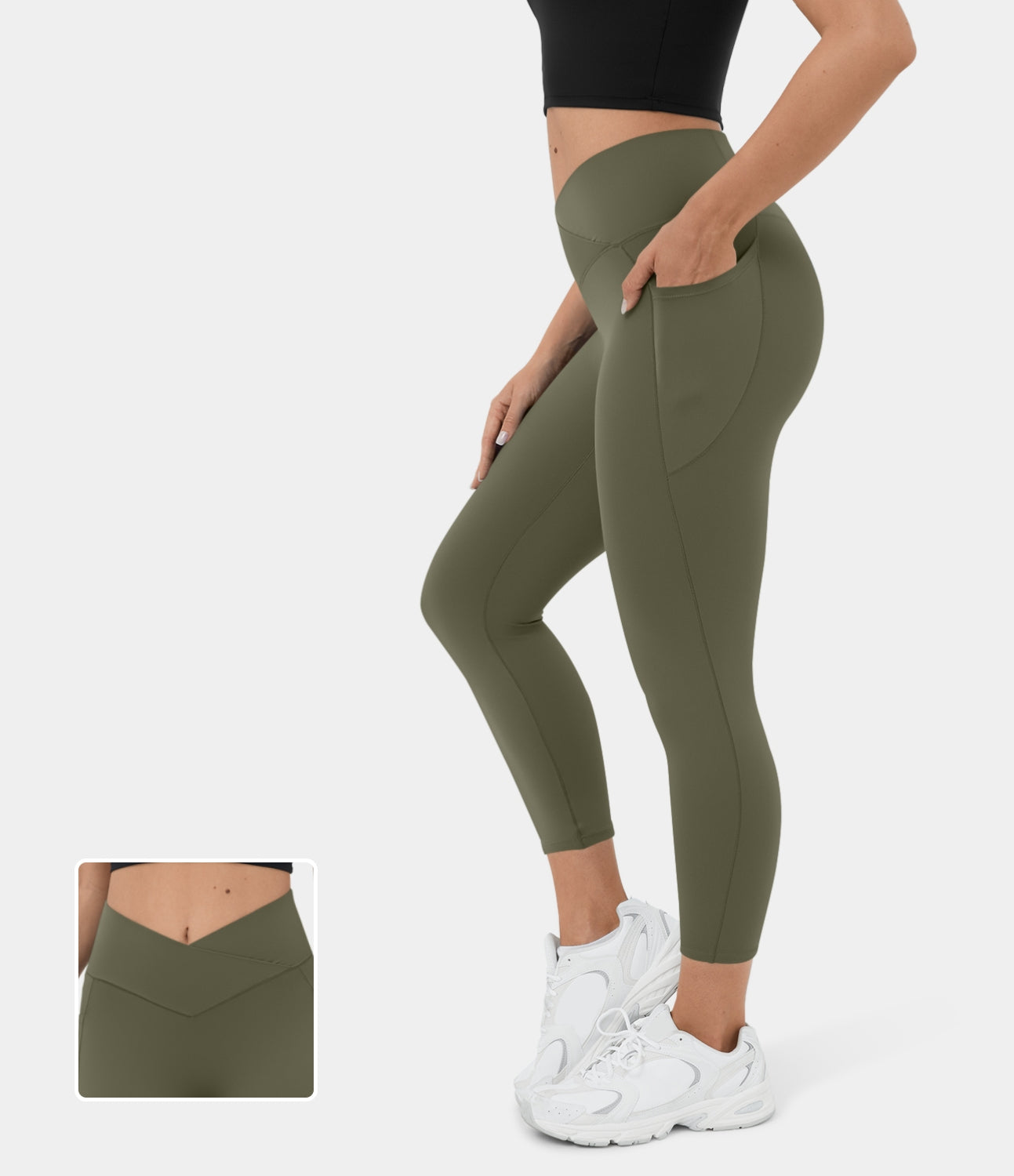 

Halara Softlyzeroв„ў High Waisted Crossover Side Pocket Yoga Capri Leggings-UPF50+ - Grass Grey Green -  gym leggings leggings with pockets