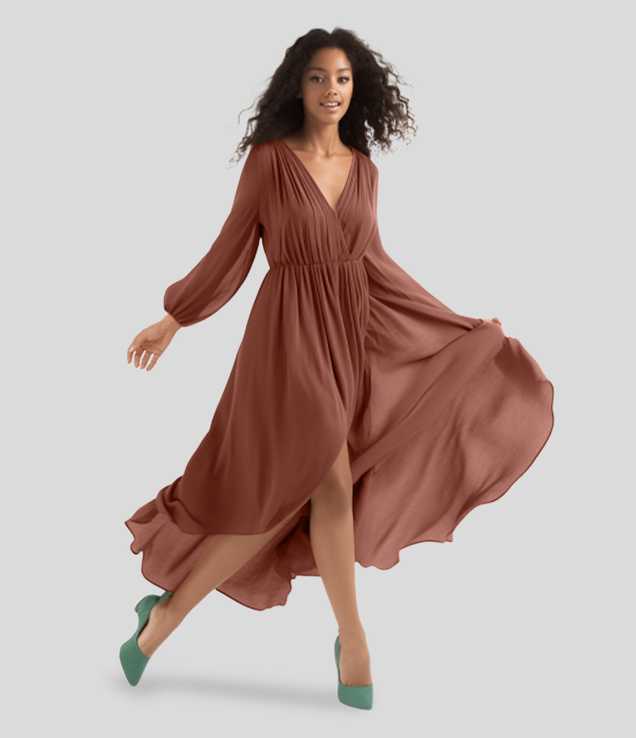 

Halara Deep V Neck Long Sleeve Ruched Crossover Hem Solid Flowy Midi Casual Dress Casual Dress - Rust -  slip dress beach dress