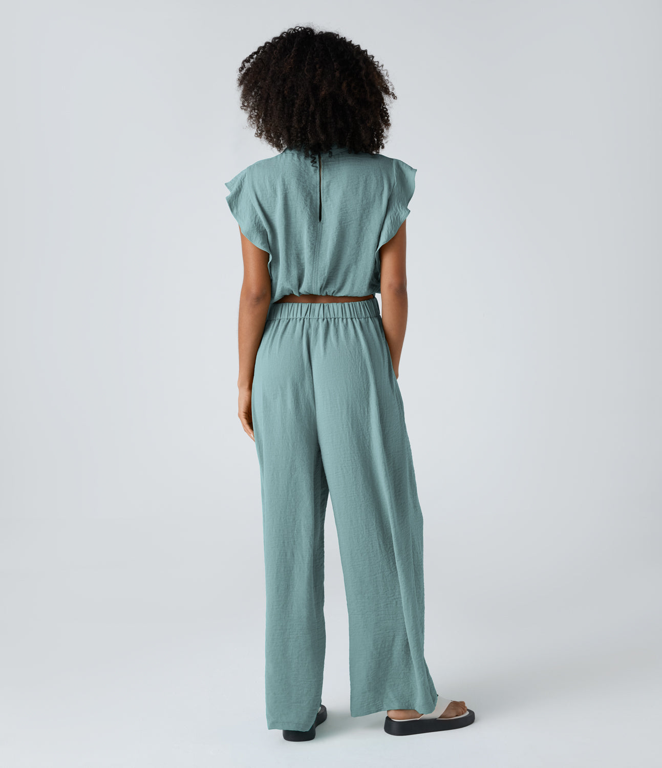 

Halara Crisscross Lace Up Ruffle Cap Sleeve Button Cut Out Side Pocket Casual Linen-Feel Jumpsuit - Morning Dew Green