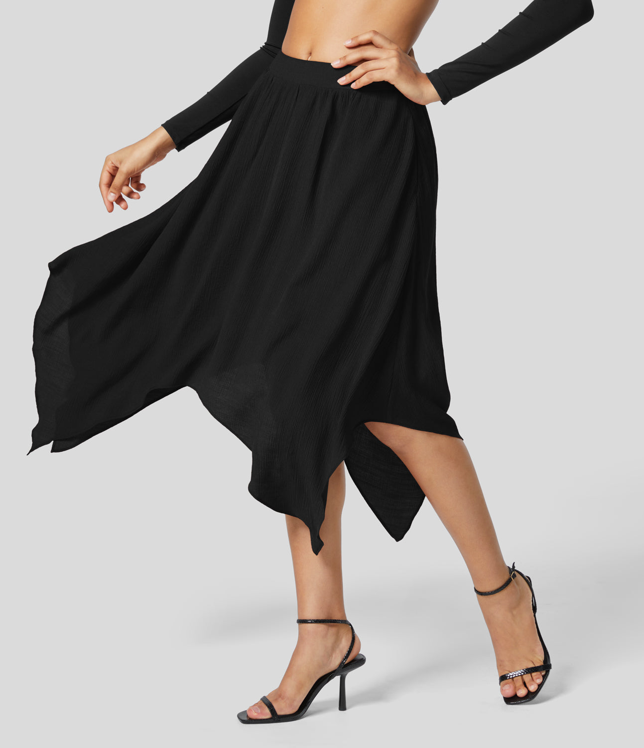 

Halara Mid Rise Elastic Waistband Side Pocket Hanky Hem Flowy Midi Flare Casual Skirt - Black