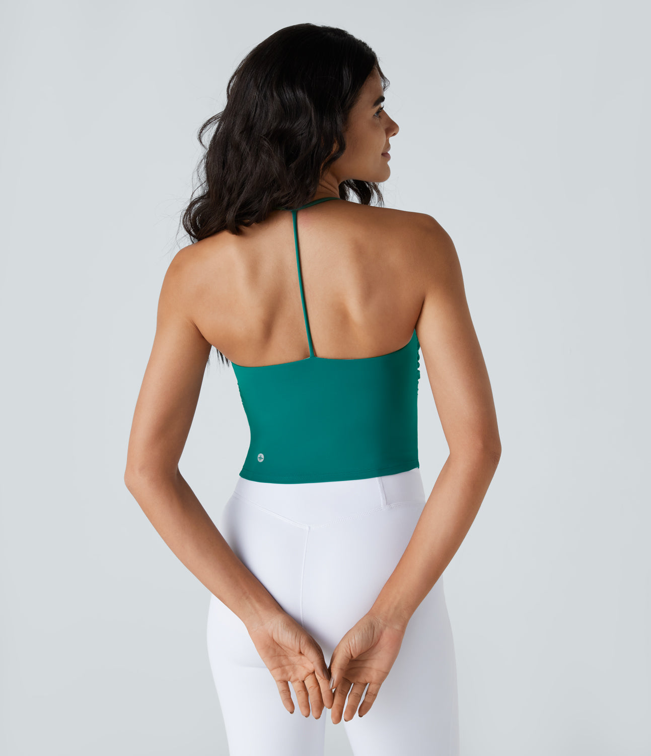 

Halara Softlyzeroв„ў Airy Halter Backless Ruched Cool Touch Yoga Cami Top-UPF50+ Tank Top - Quetzal Green -  golf tops halter top tunic tops