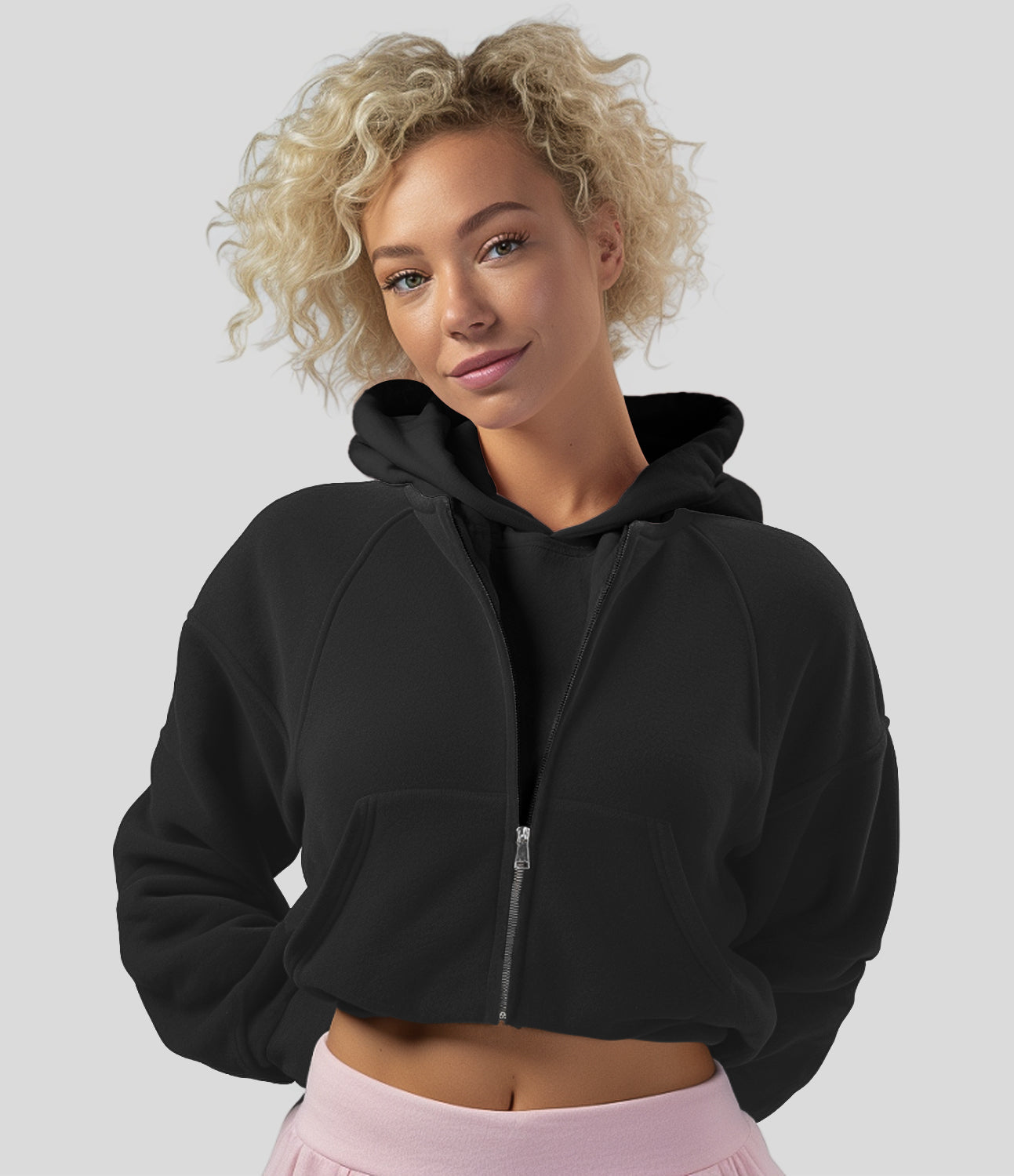 

Halara Hooded Zipper Side Pocket Color Block Cropped Casual Sweatshirt - Black