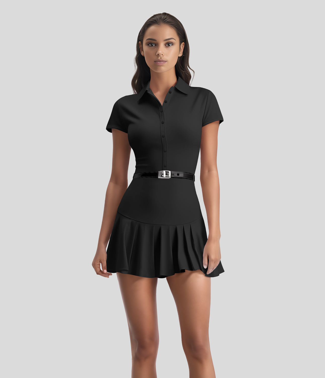

Halara Collared Button Belted Pleated Hem 2-Piece Set Golf Dress Workout Dress - Black