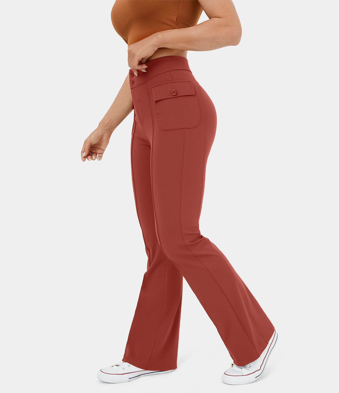 

Halara High Waisted Button Side Flap Pocket Flare Casual Cargo Pants - Cinnabar