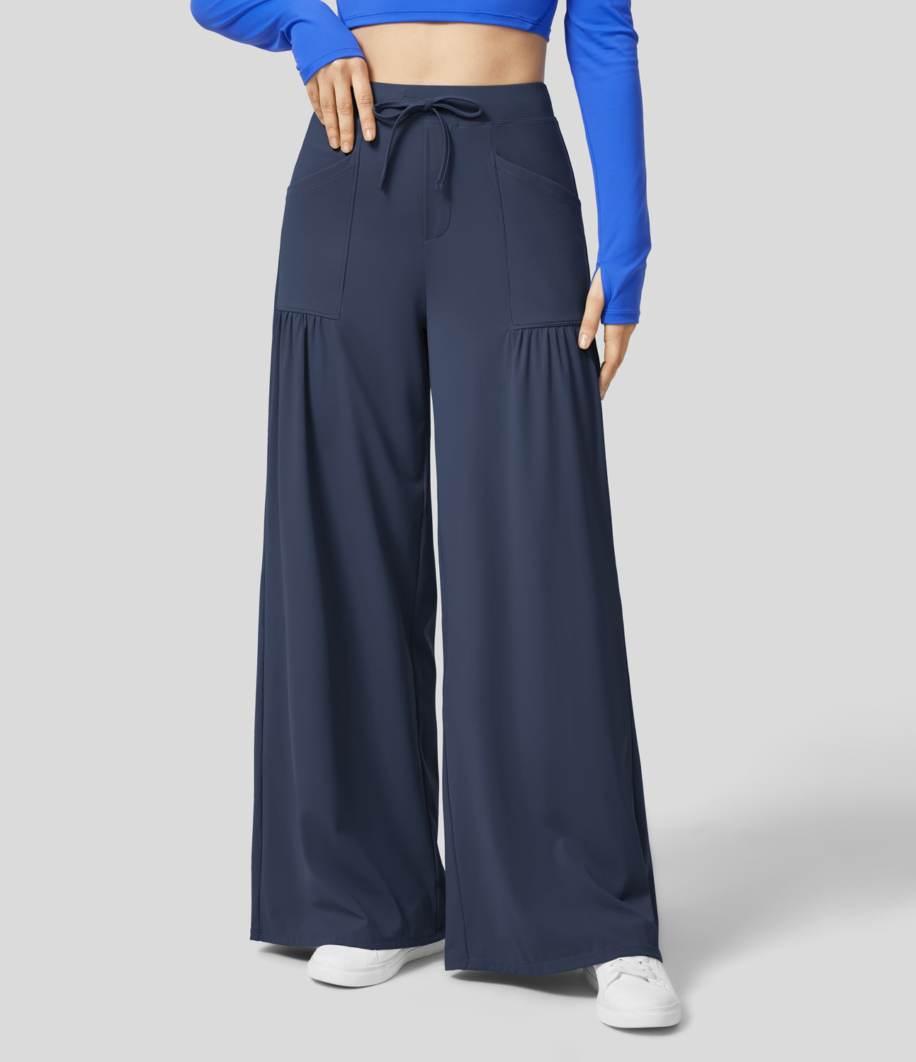 

Halara High Waisted Drawstring Multiple Pockets Plicated Wide Leg Yoga Pants - Mood Indigo