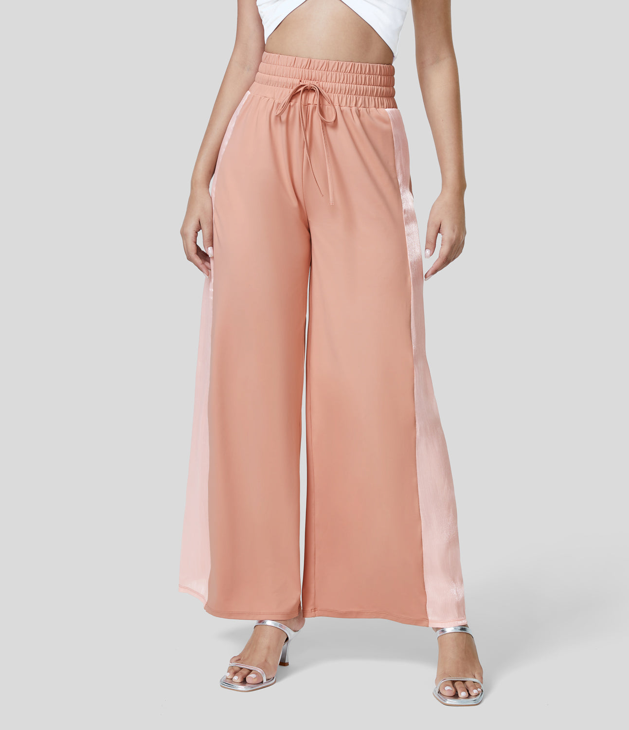 

Halara High Waisted Drawstring Contrast Side Sheer Casual Wide Leg Pants - Pale Coral Pink -  sweatpants jogger pants