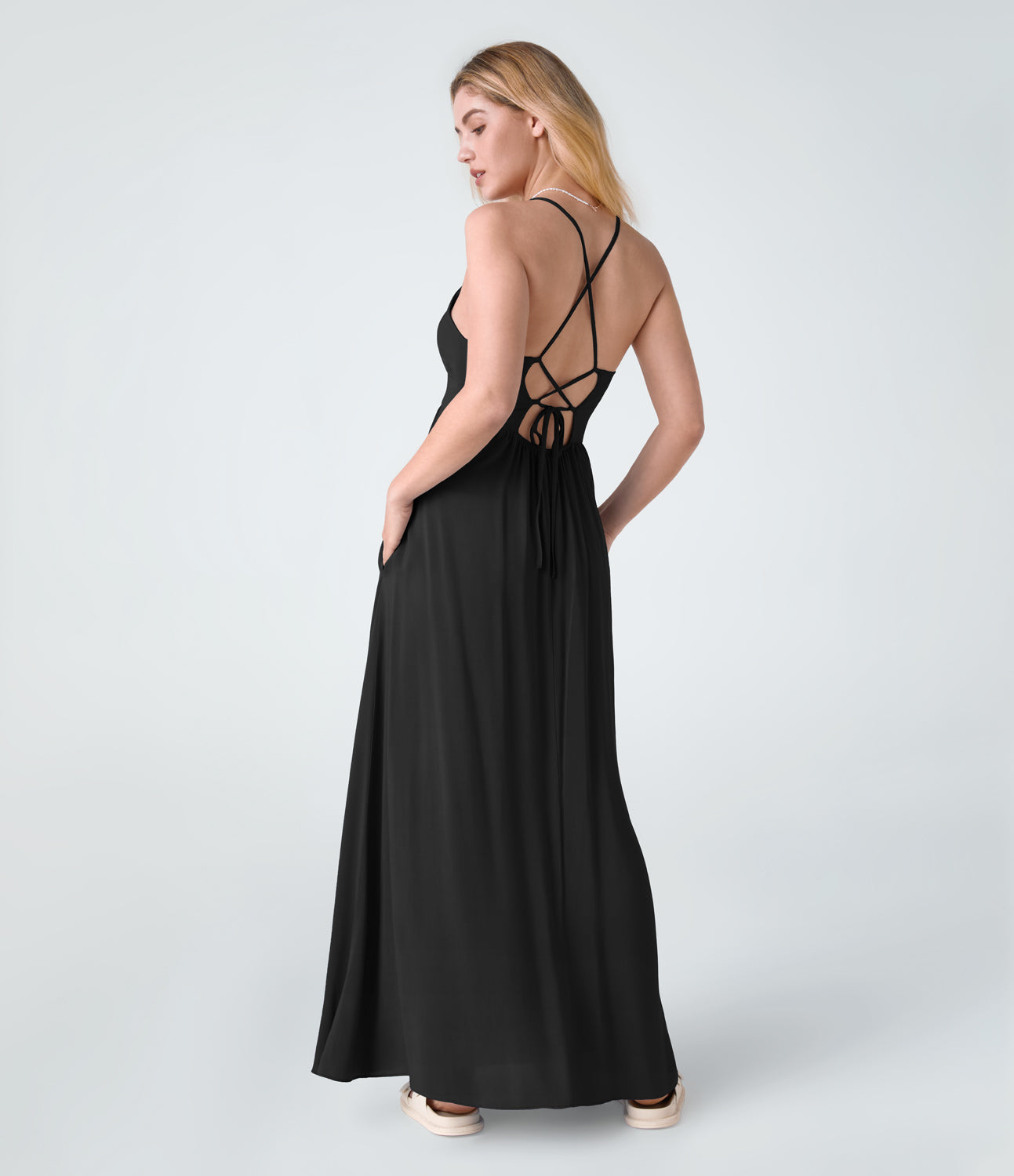

Halara Backless Crisscross Lace Up Plicated Side Pocket Flowy Maxi Slip Resort Dress Casual Dress - Black -  slip dress beach dress