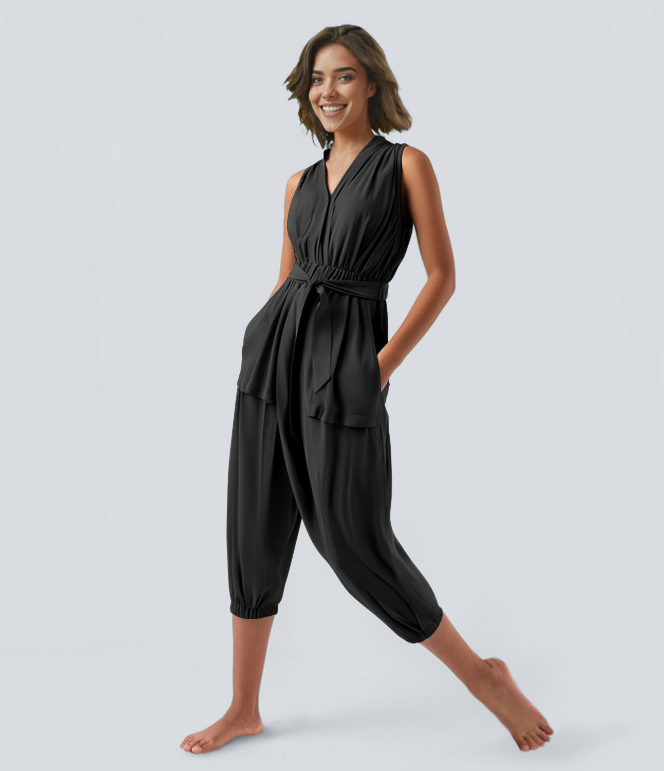 

Halara V Neck Sleeveless Belted Side Pocket Capri Casual Jumpsuit - Deep Sea