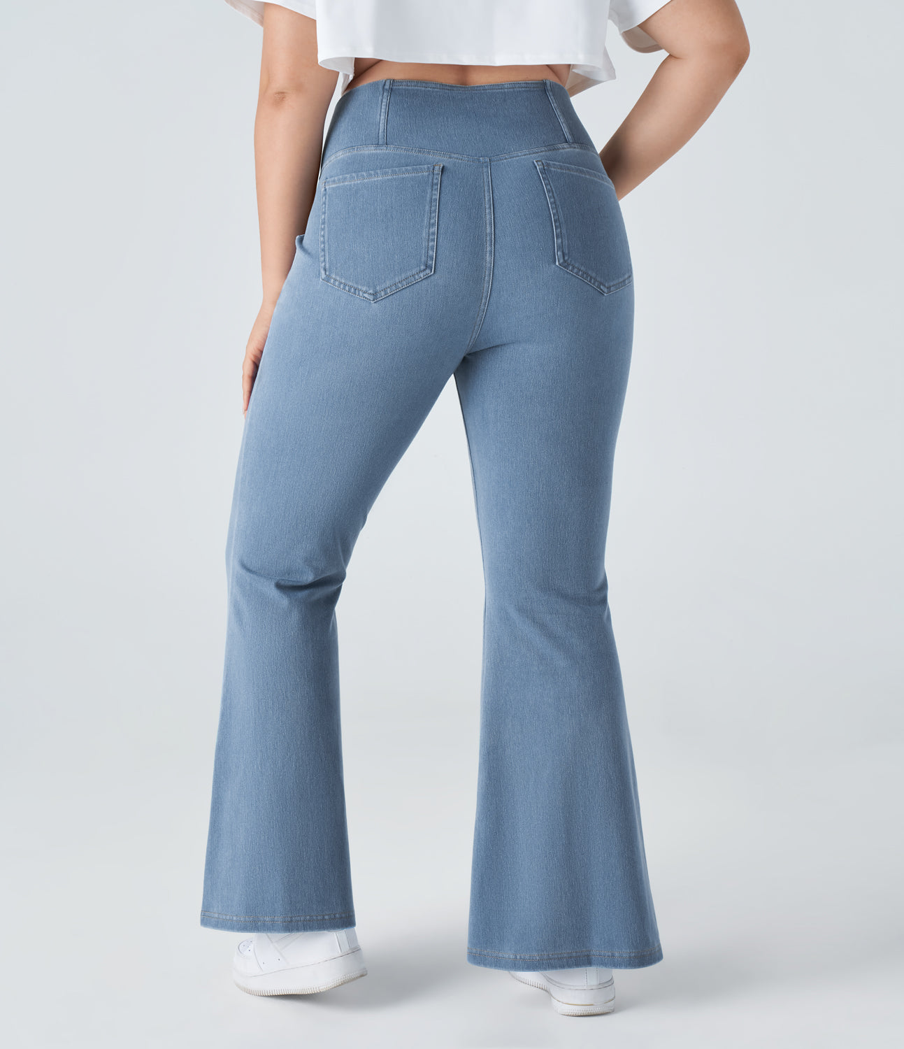 

Halara HalaraMagicв„ў High Waisted Crossover Pocket Washed Stretchy Knit Casual Plus Size Super Flare Jeans - Washed Denim Sunny Blue