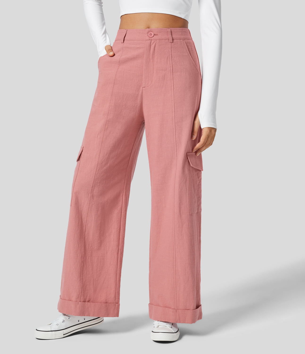

Halara High Waisted Button Zipper Multiple Pockets Wide Leg Casual Linen-Feel Cargo Pants - Black -  sweatpants jogger pants