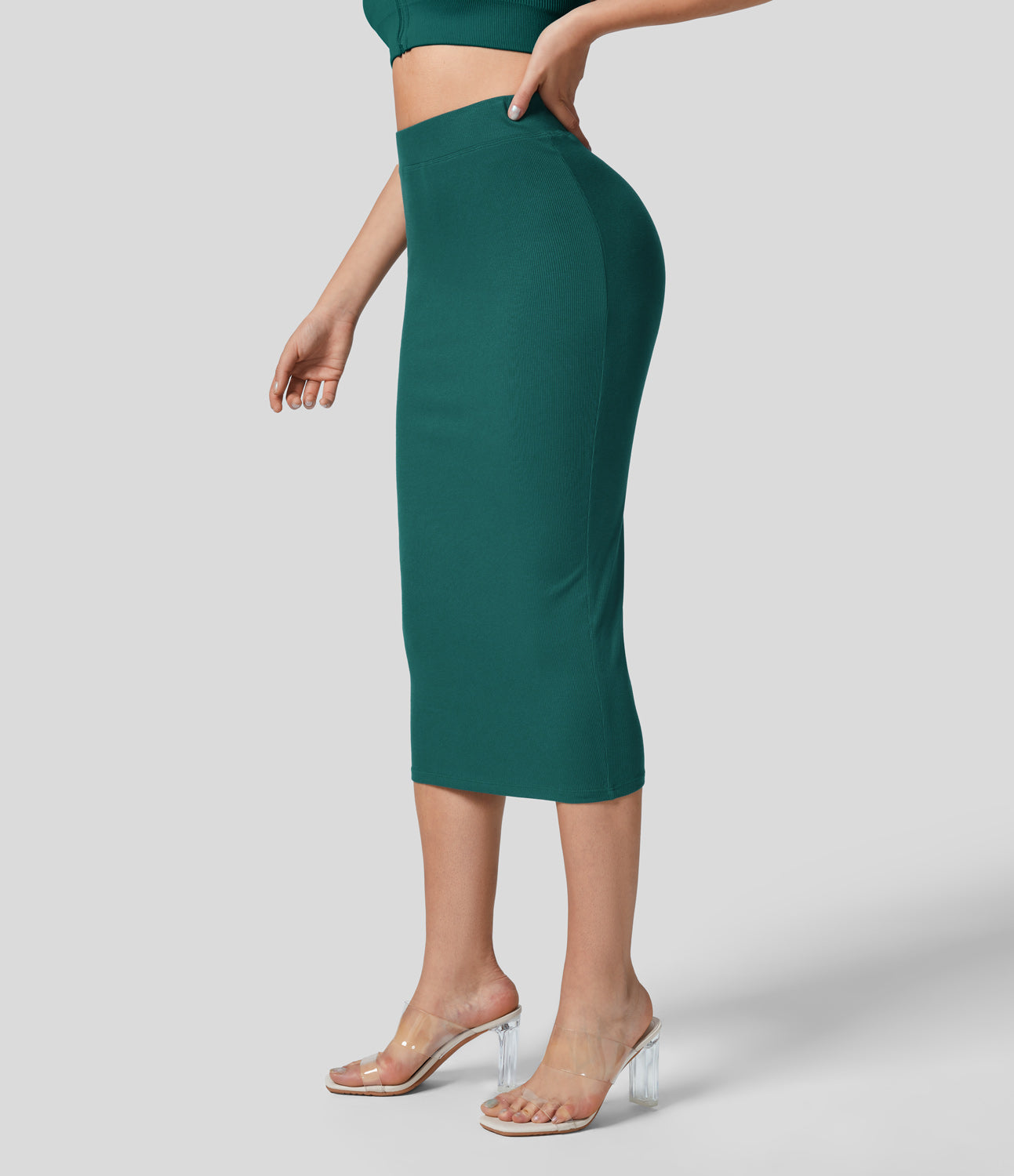 

Halara Ribbed High Waisted Bodycon Midi Casual Skirt - Teal Green