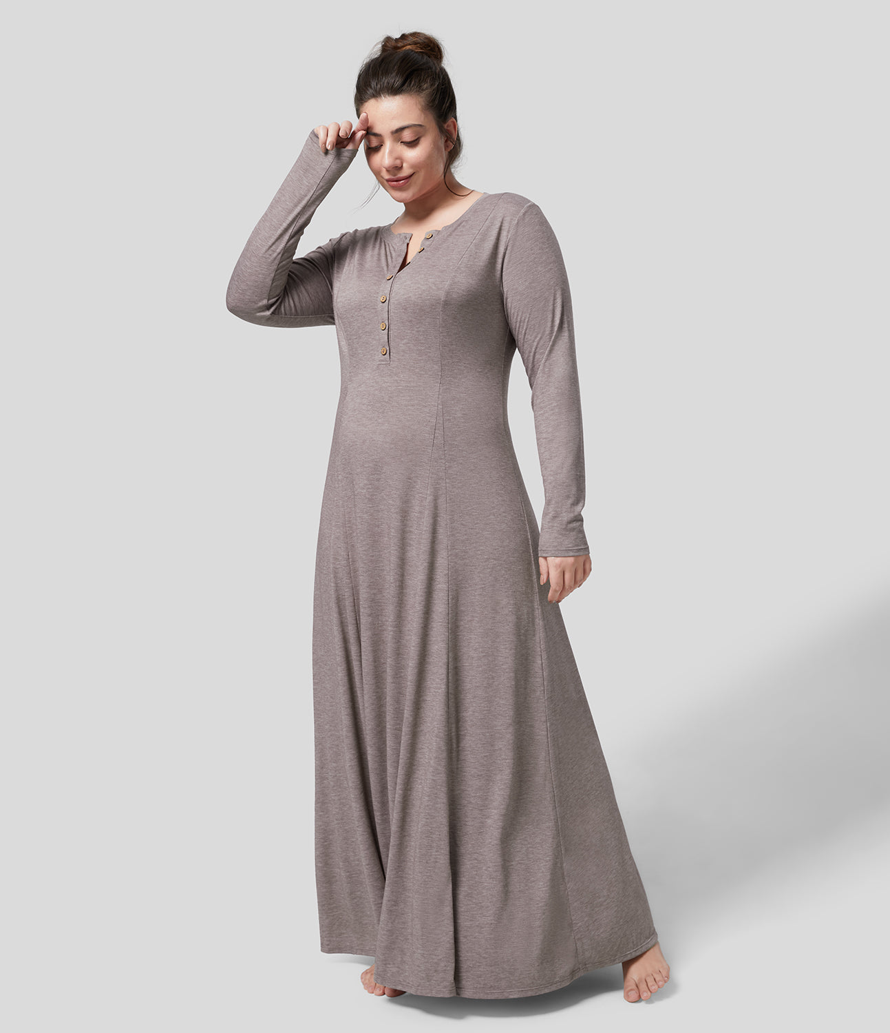 

Halara Round Neck Button Long Sleeve Flare Maxi Casual Plus Size Dress Plus Size Dress - Deep Tea Brown Floral Yarn