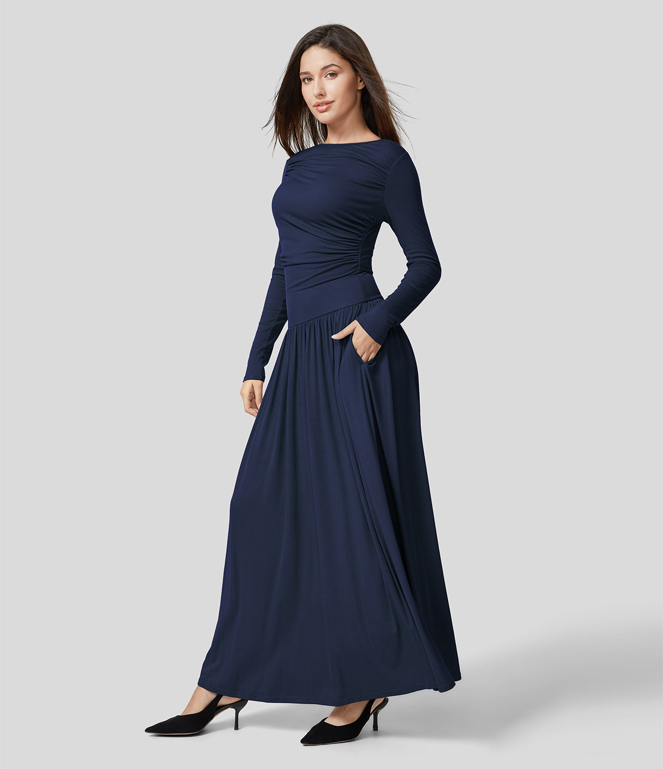 

Halara Ribbed Boat Neck Ruched Side Pocket Flowy Maxi Casual Dress Casual Dress - Picante -  slip dress beach dress ruched dress