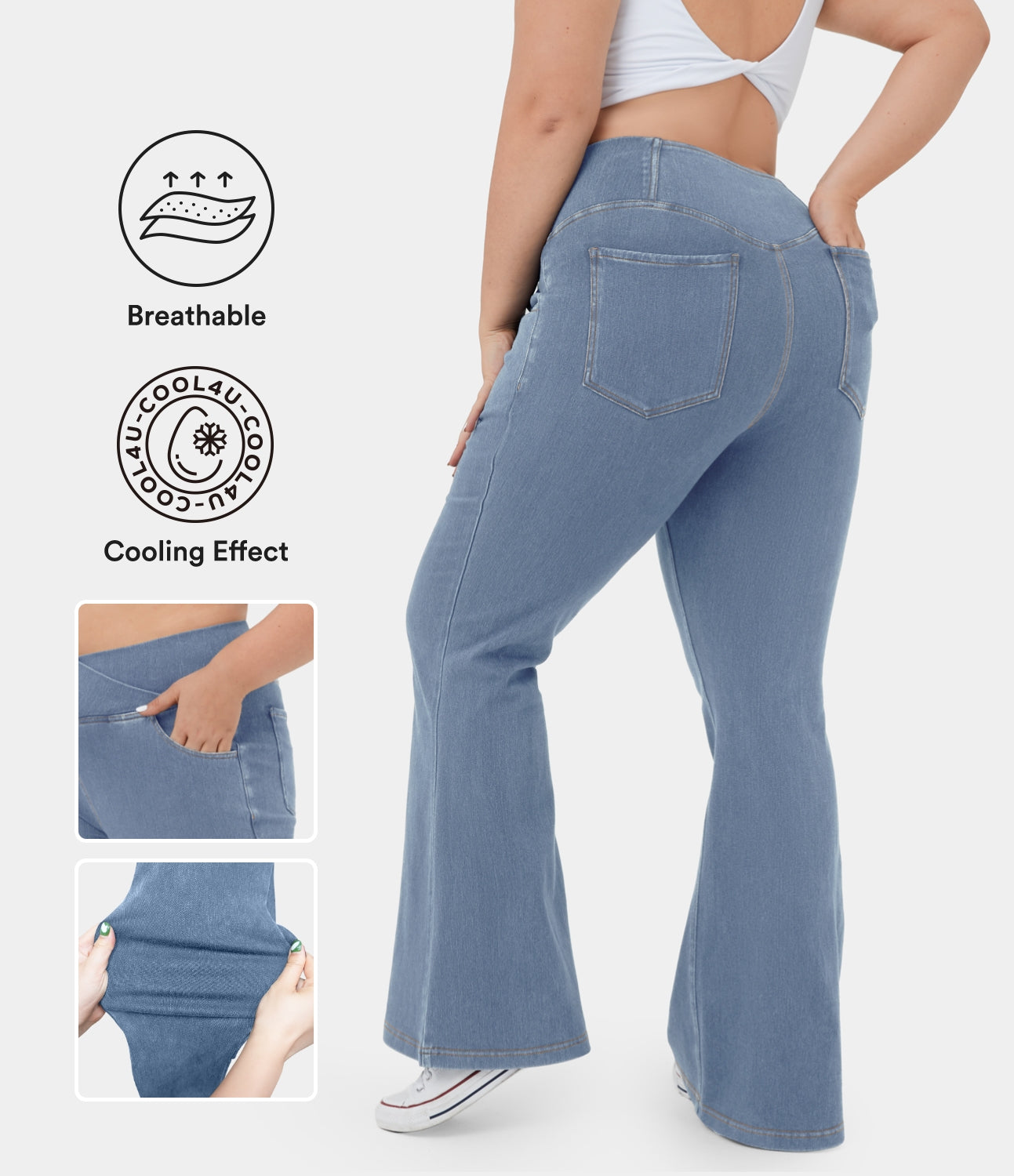 HalaraMagic™ High Waisted Crossover Pocket Cool Touch Breathable Washed  Stretchy Knit Plus Size Casual Super Flare Jeans, HALARA