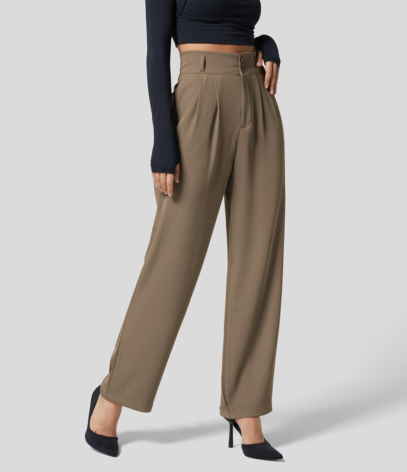 30% Discount! Halara High Waisted Shirred Back Side Pocket Plicated Solid  Straight Leg Work Suit Pants - Sepia Tint - S(regular) sweatpants jogger pants  Halara. Global