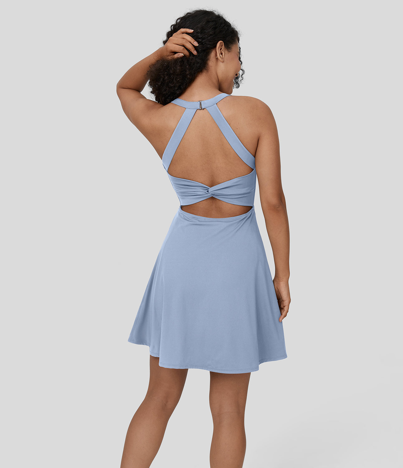 

Halara Backless Twisted Flare Mini Dance Active Dress-Longer Length Workout Dress - Light Grey Blue