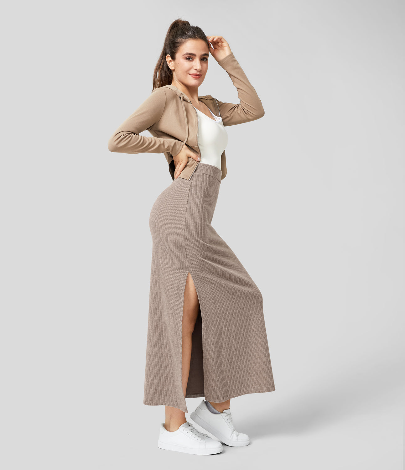 

Halara Ribbed High Waisted Split Hem A Line Maxi Casual Skirt - Mocha Meringue